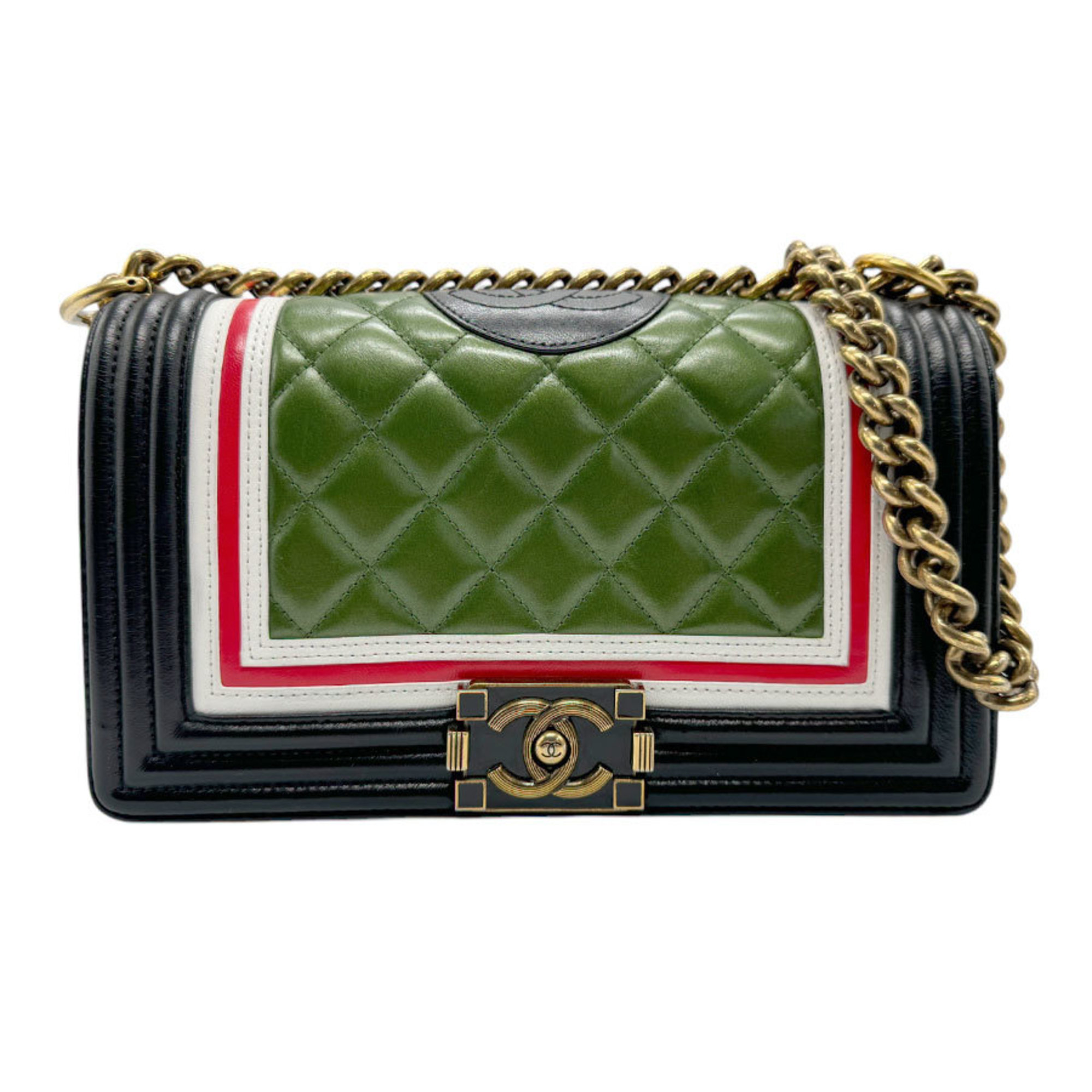 CHANEL Shoulder Bag Boy Chanel Leather Black Metallic Green Gold Women's z2620