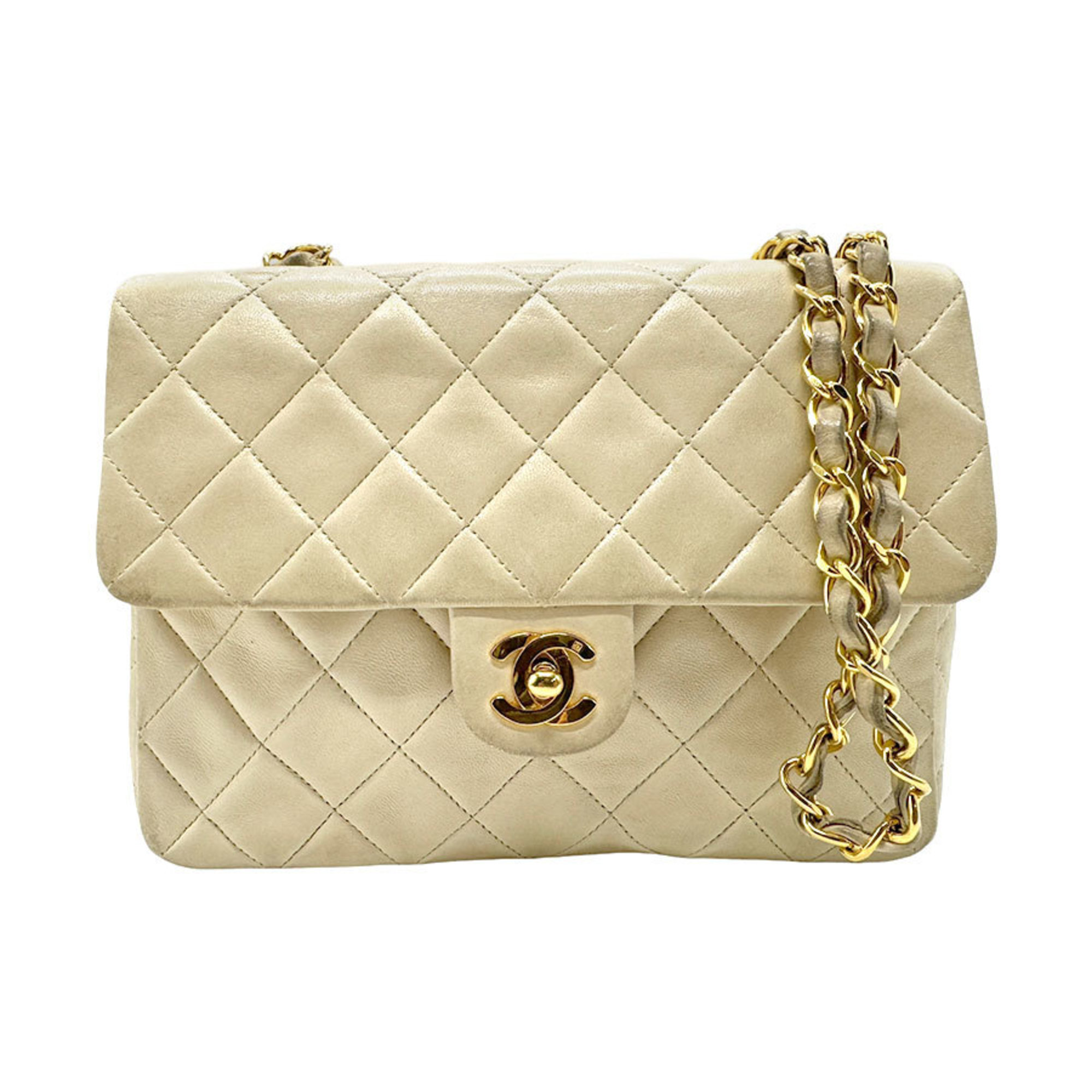 CHANEL Shoulder Bag Lambskin Light Beige Gold Women's n0588