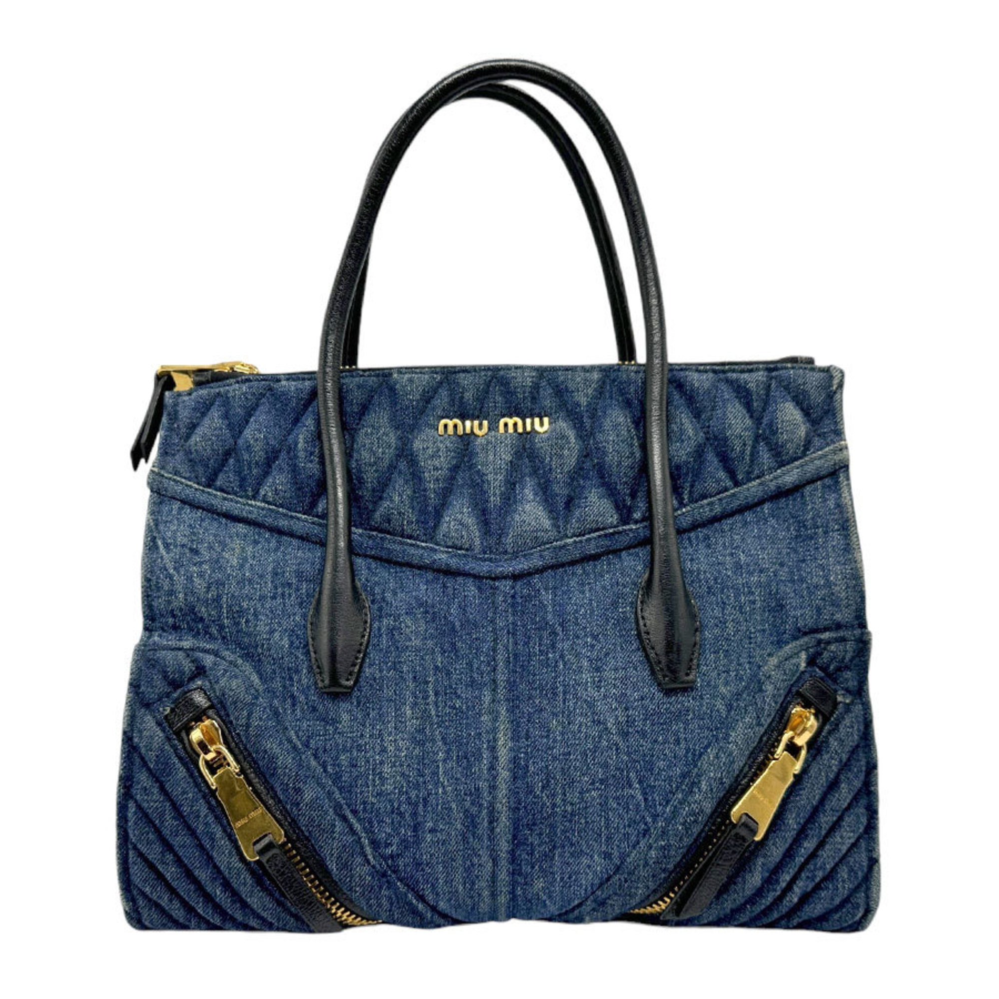 Miu MIUMIU Handbag Denim Biker Leather Blue x Black Women's RN1031 n0563