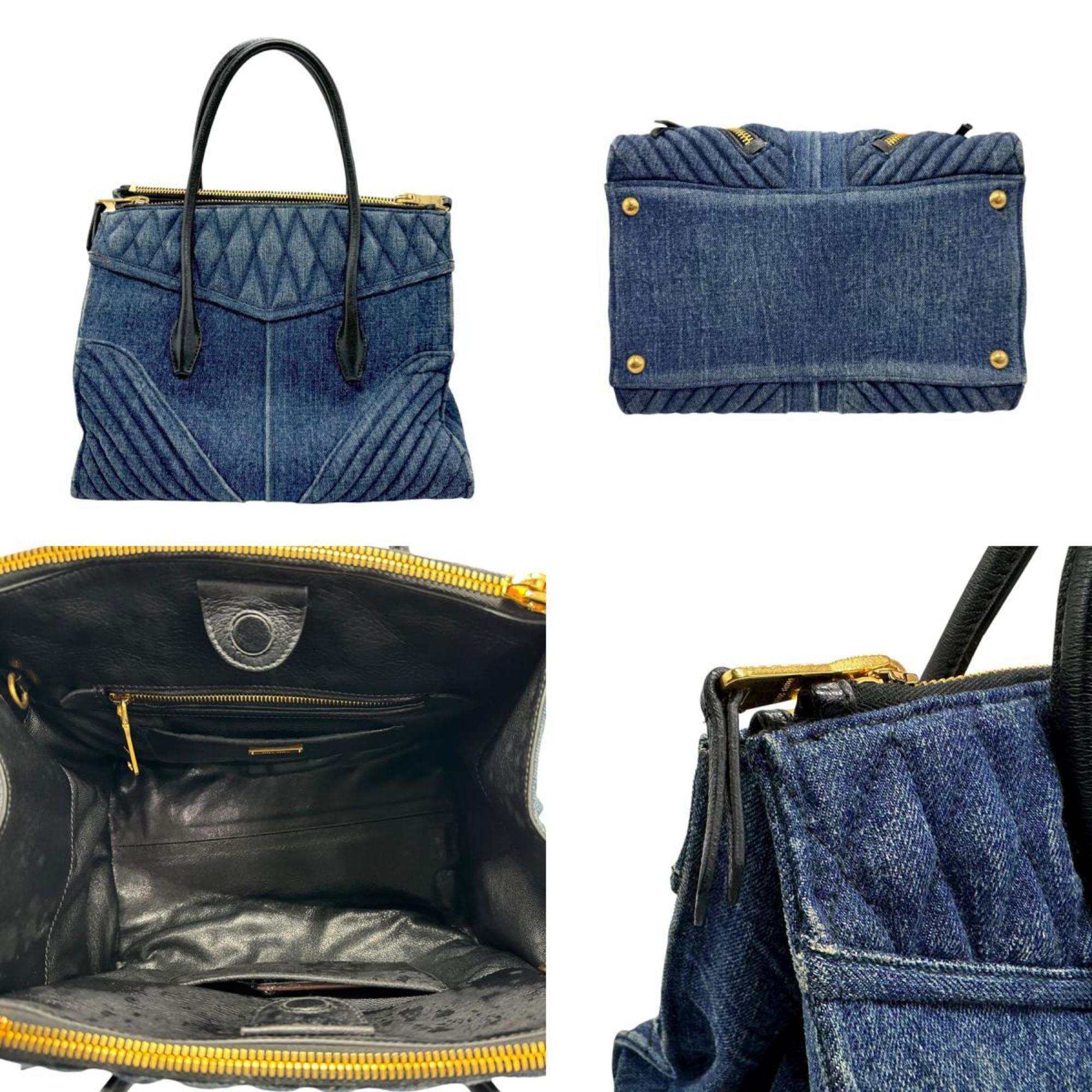 Miu MIUMIU Handbag Denim Biker Leather Blue x Black Women's RN1031 n0563