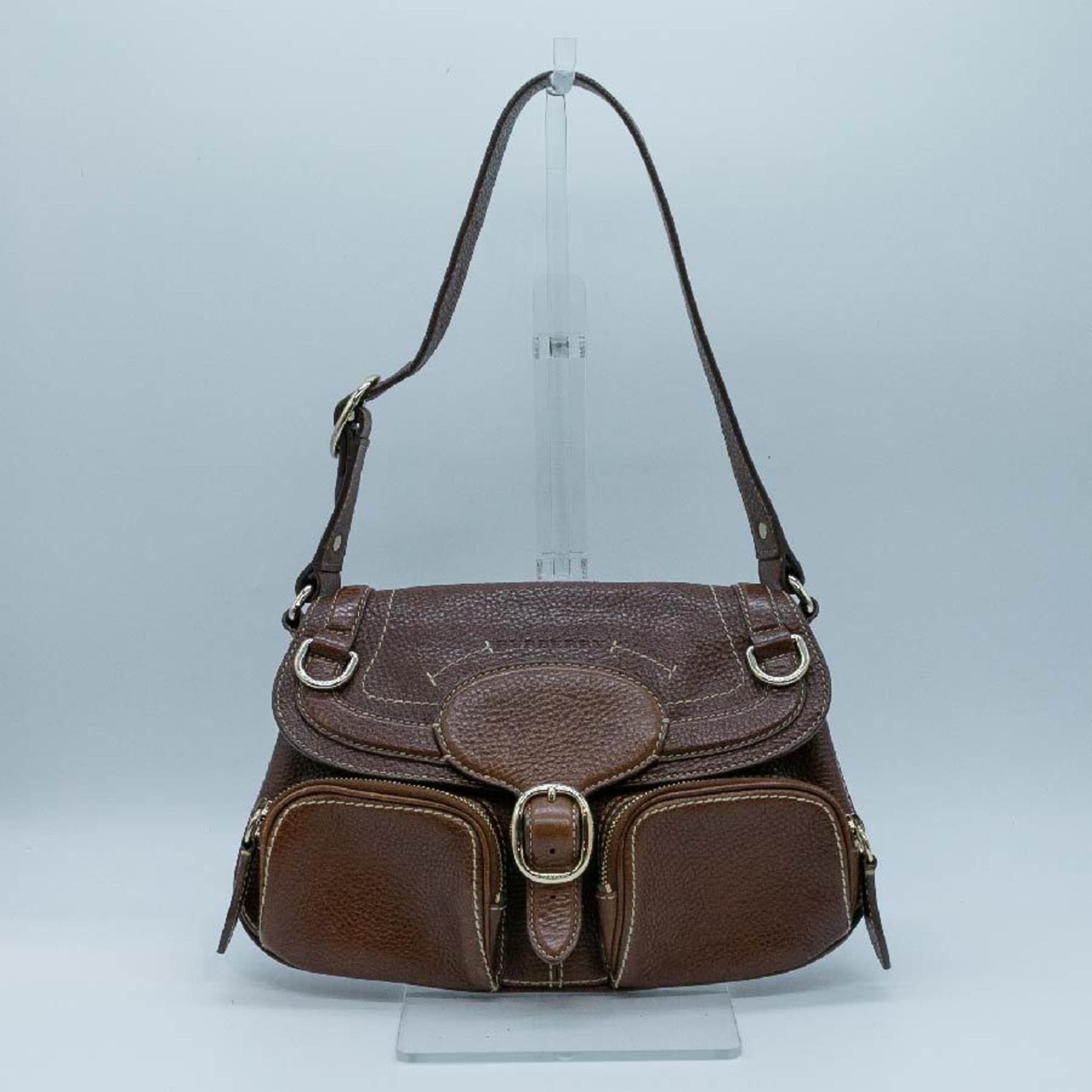 Burberry Shoulder Bag Cleage Leather Brown Gold Women's PD456