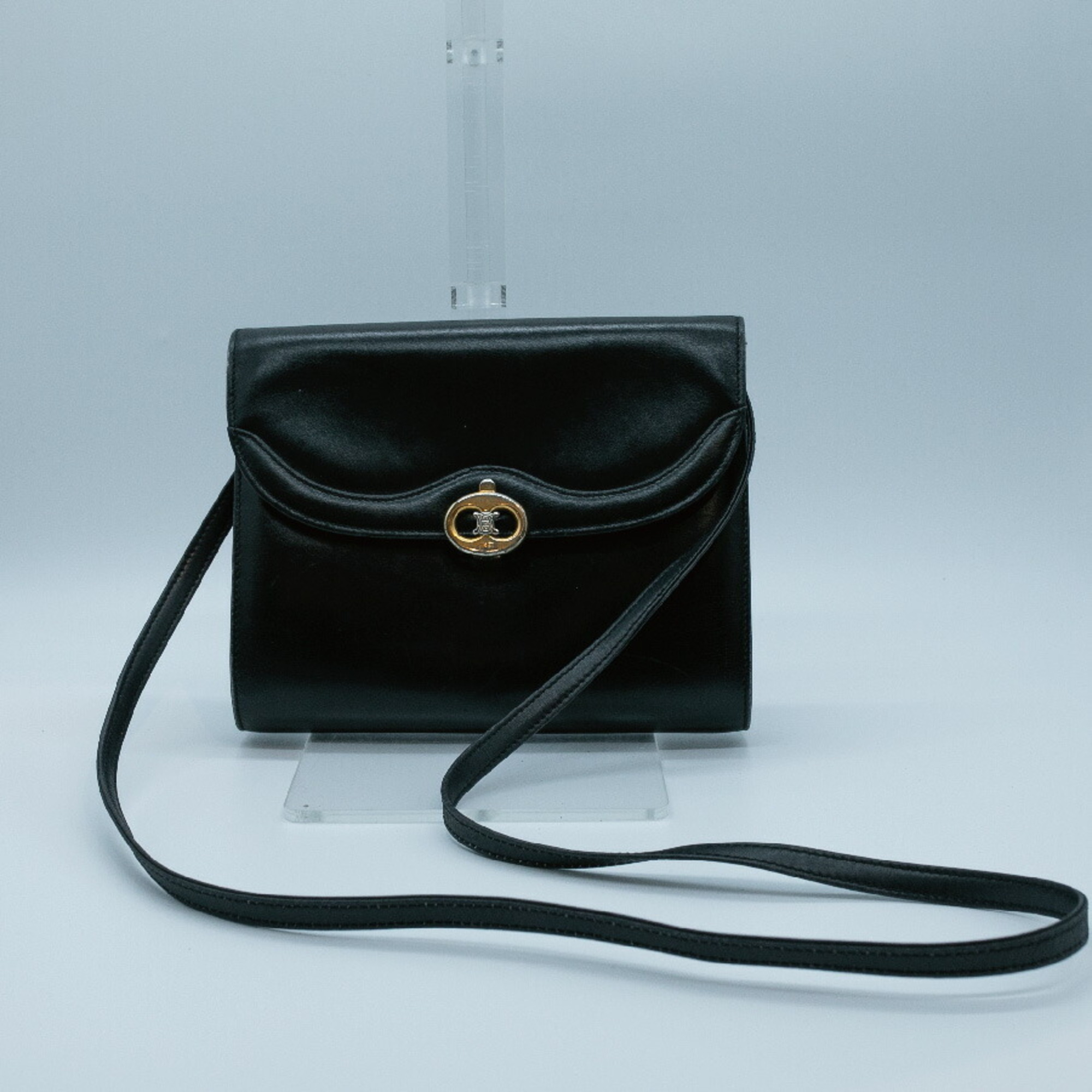 CELINE Shoulder Bag Triomphe Leather Black Gold Women's PD451