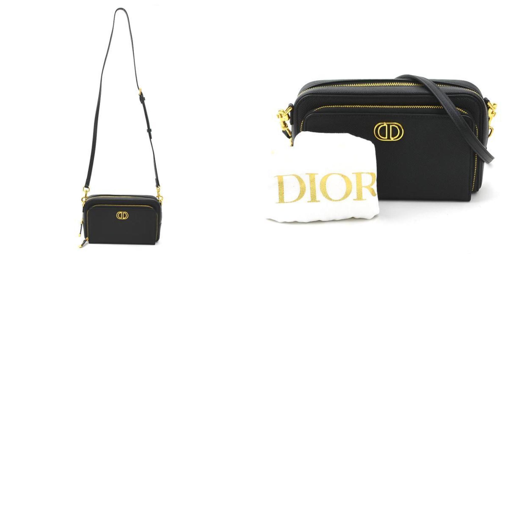 Christian Dior Shoulder Bag Caro Double Pouch Leather Black Gold Women's a0499