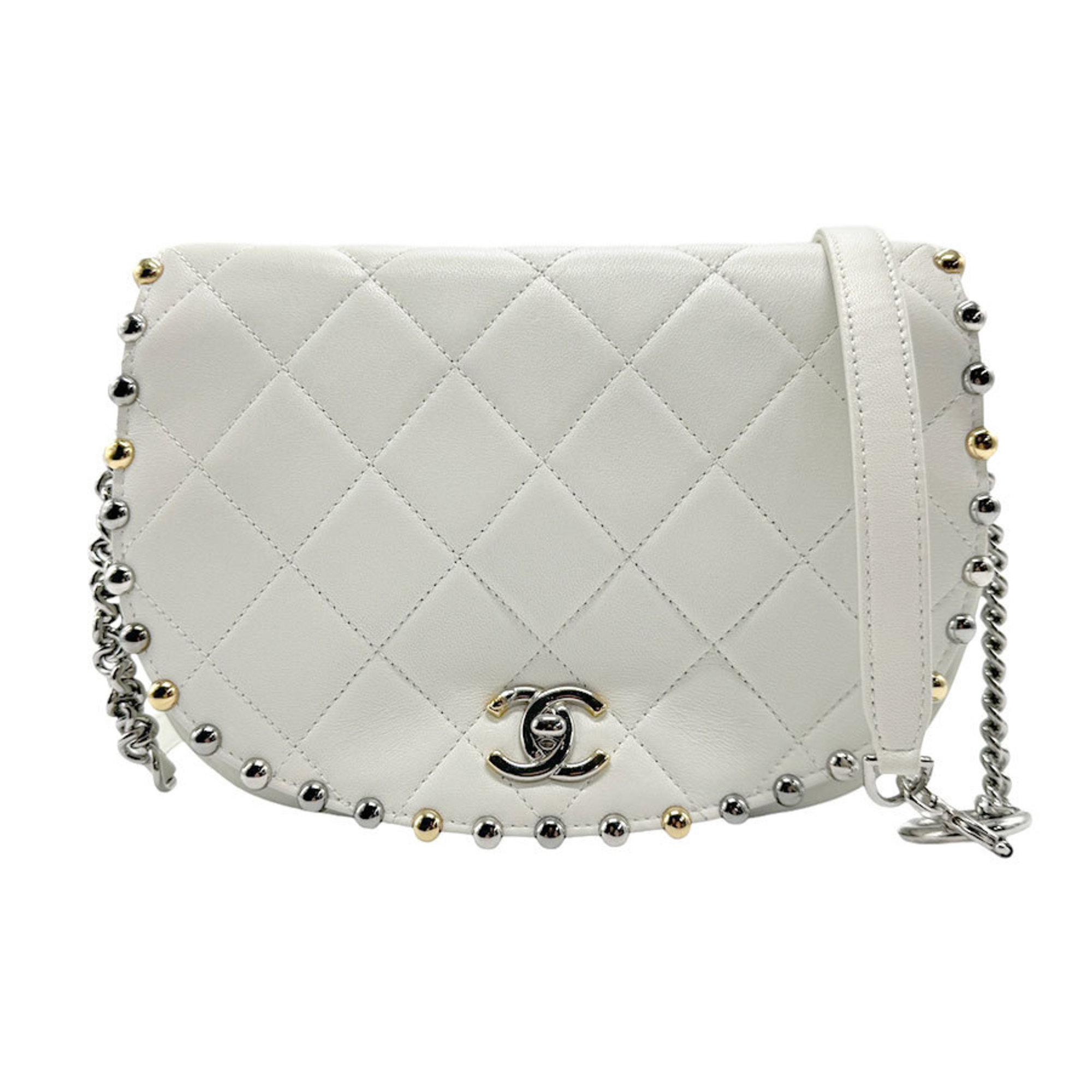 CHANEL Shoulder Bag Matelasse Leather Off-White Silver Gold Women's n0586