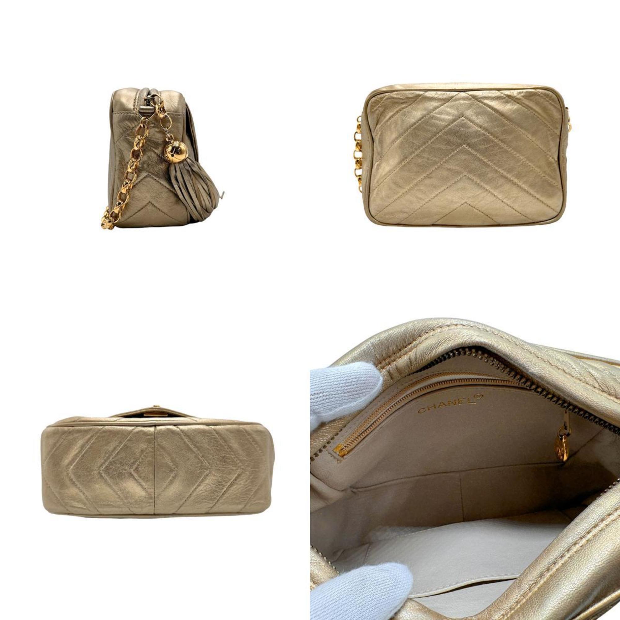 CHANEL Shoulder Bag V Stitch Leather Gold Women's n0536