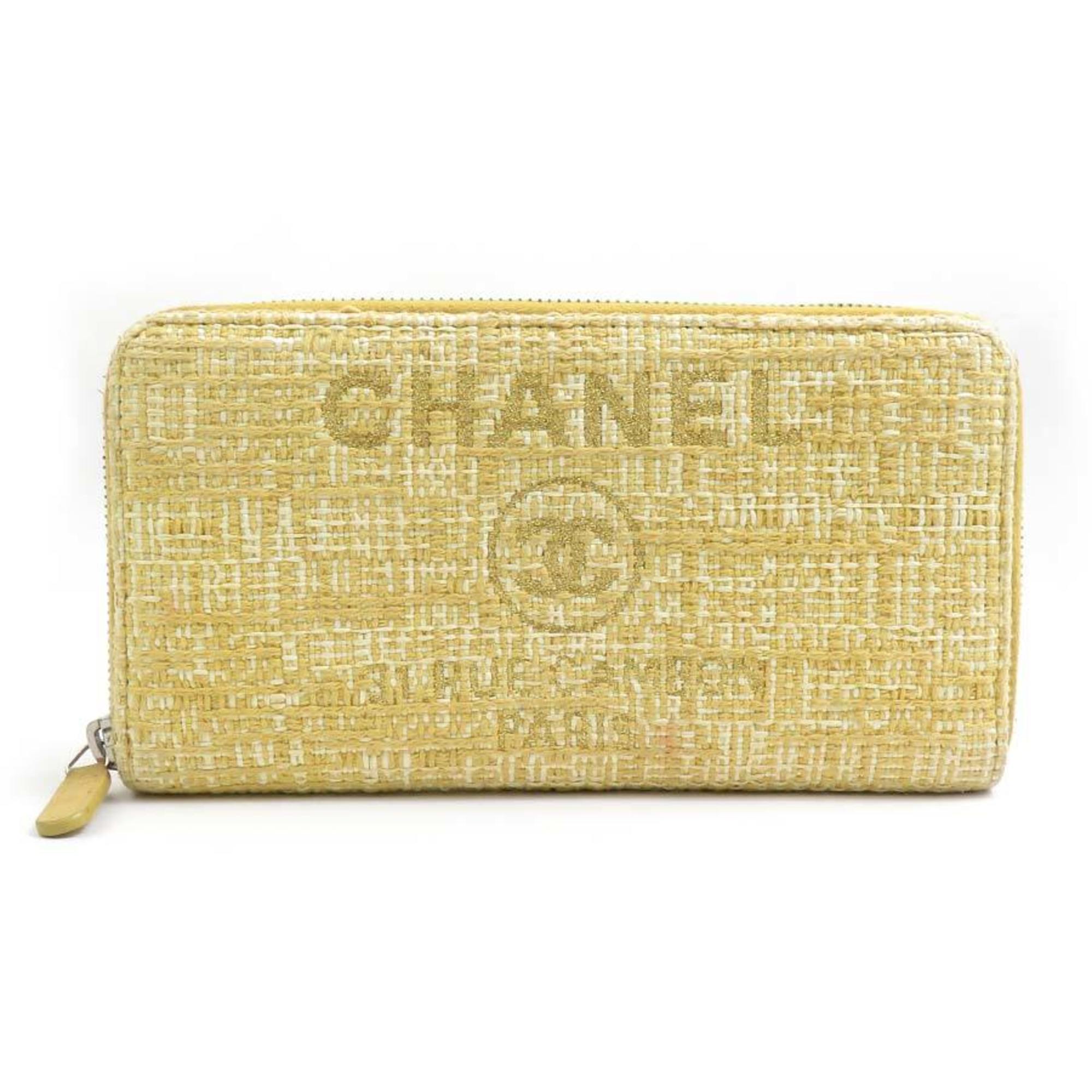 CHANEL Round Long Wallet Deauville Tweed Yellow Silver Women's e59377a