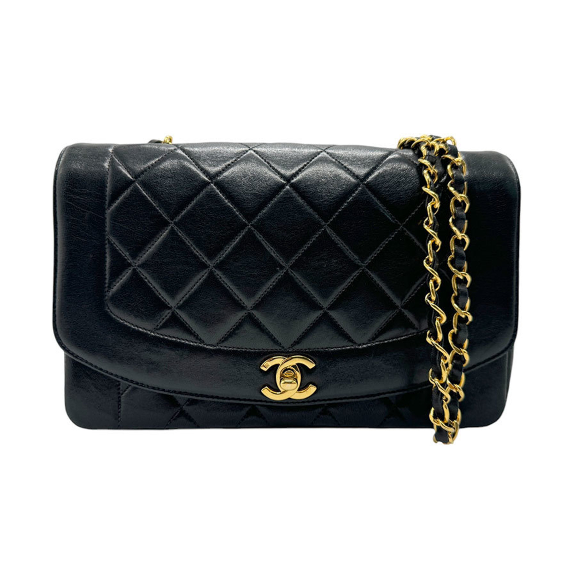 CHANEL Shoulder Bag Matelasse Diana 25 Lambskin Black Gold Women's z2628