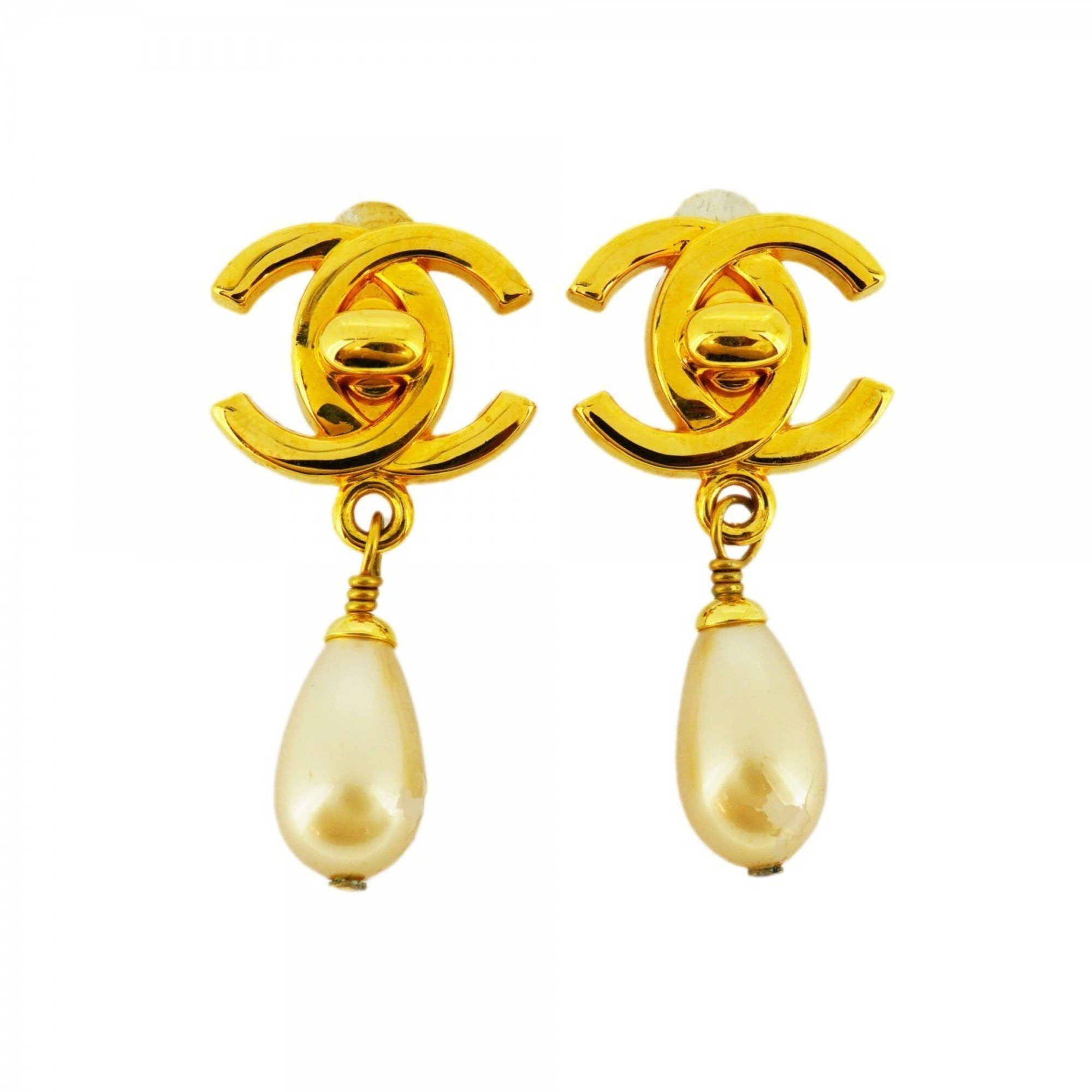 Chanel Earrings Turn Lock Fake Pearl GP Plated Gold Ladies