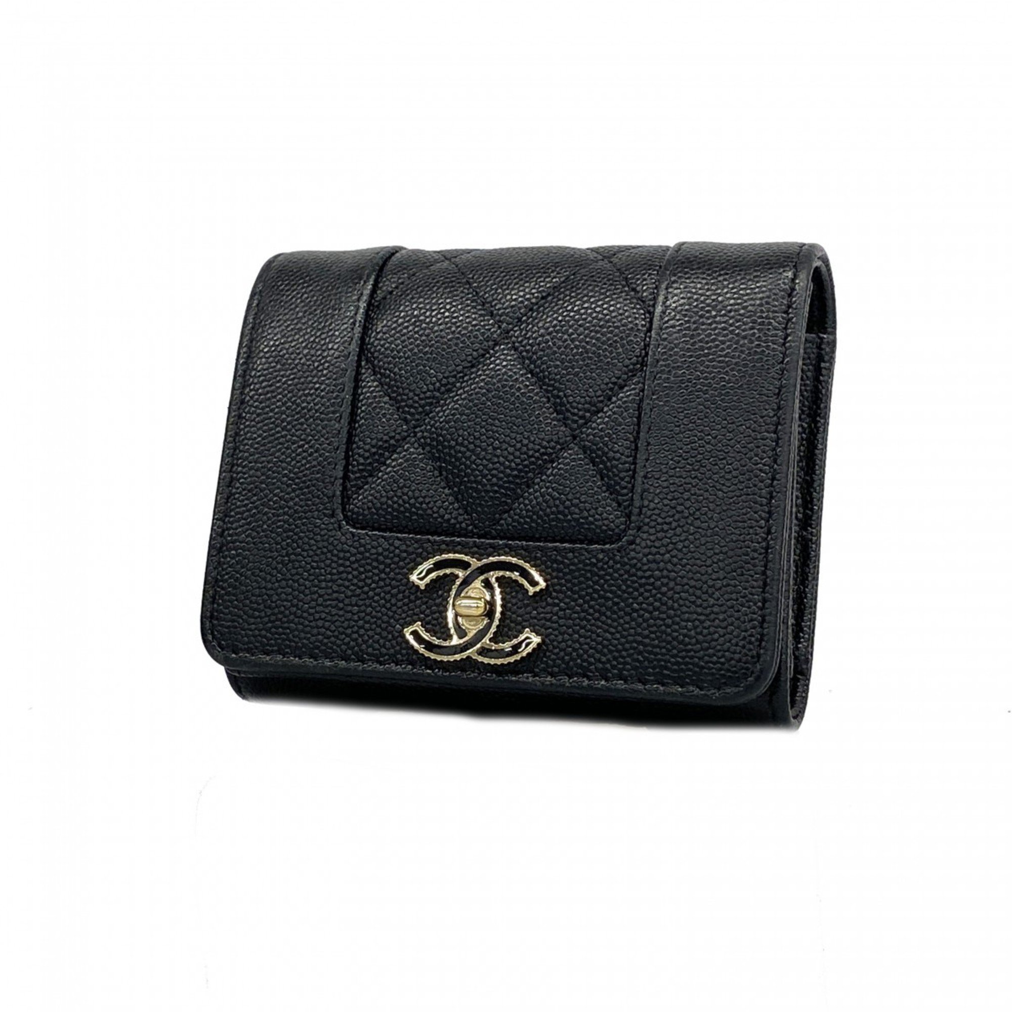 Chanel Tri-fold Wallet Mademoiselle Caviar Skin Black Women's