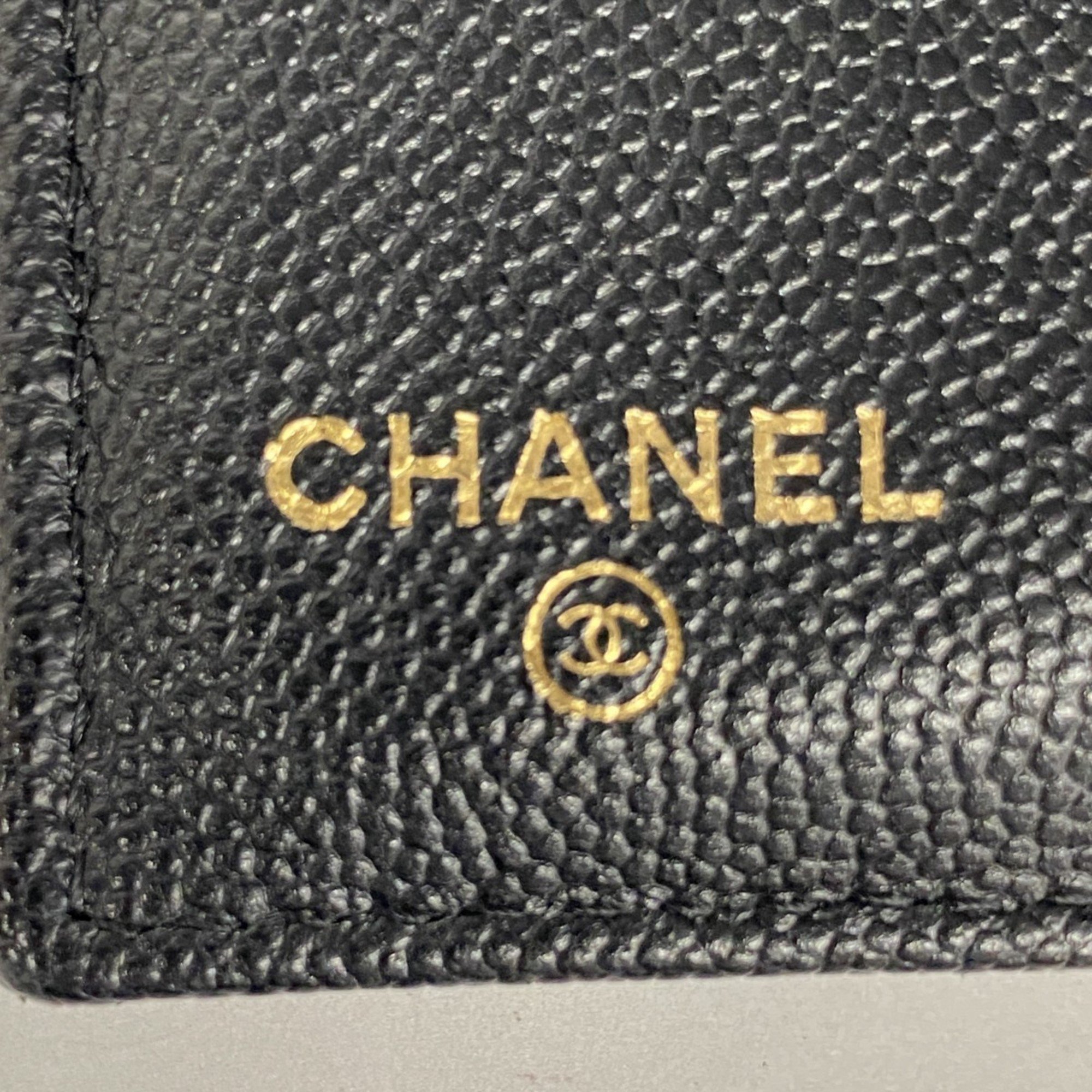 Chanel Tri-fold Wallet Mademoiselle Caviar Skin Black Women's