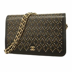 Chanel Shoulder Wallet Studs Lambskin Black Champagne Ladies