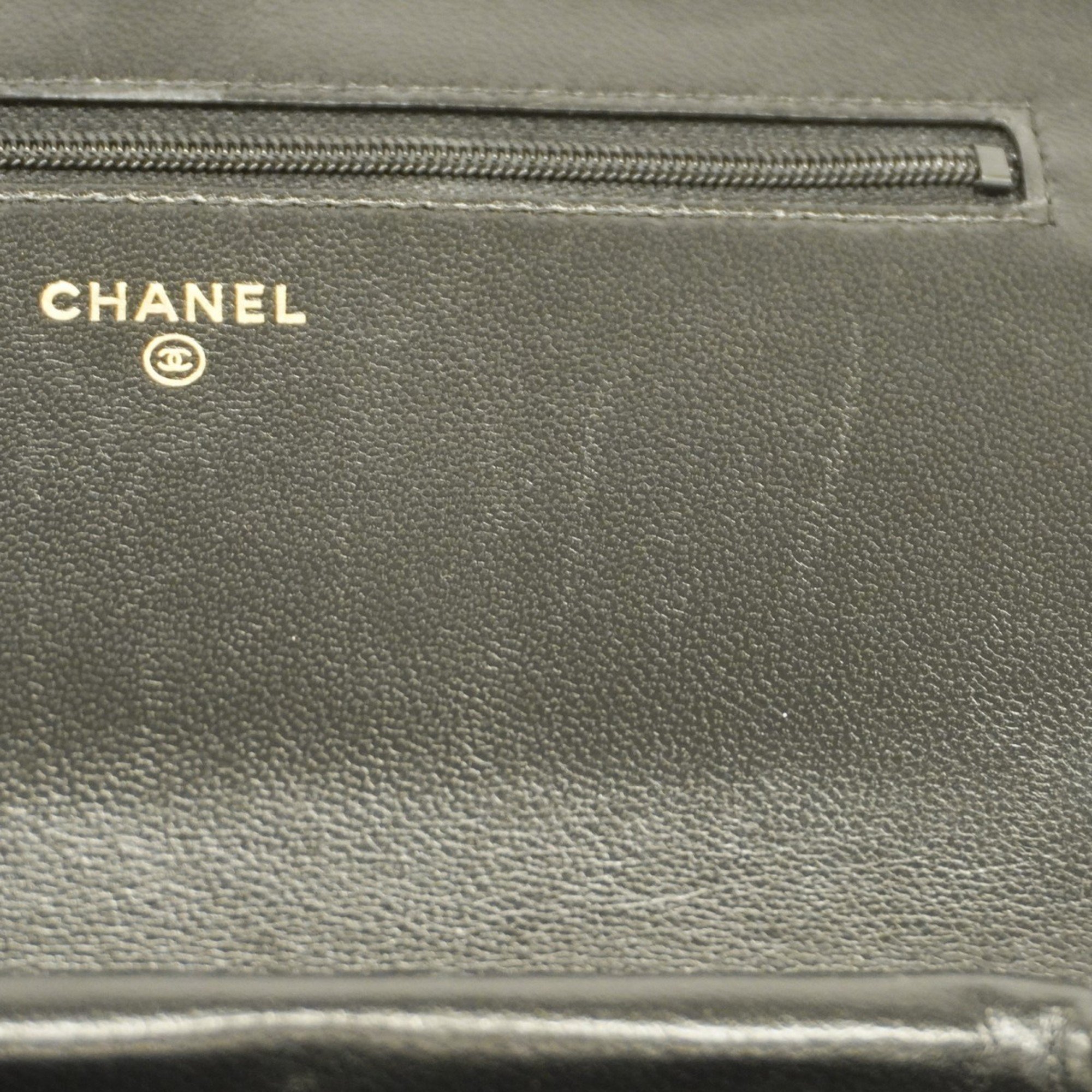 Chanel Shoulder Wallet Studs Lambskin Black Champagne Ladies