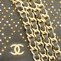 Chanel Shoulder Wallet Studs Lambskin Black Champagne Ladies