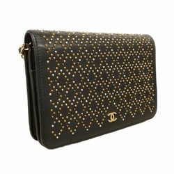 Chanel Shoulder Wallet Studs Lambskin Black Champagne Ladies