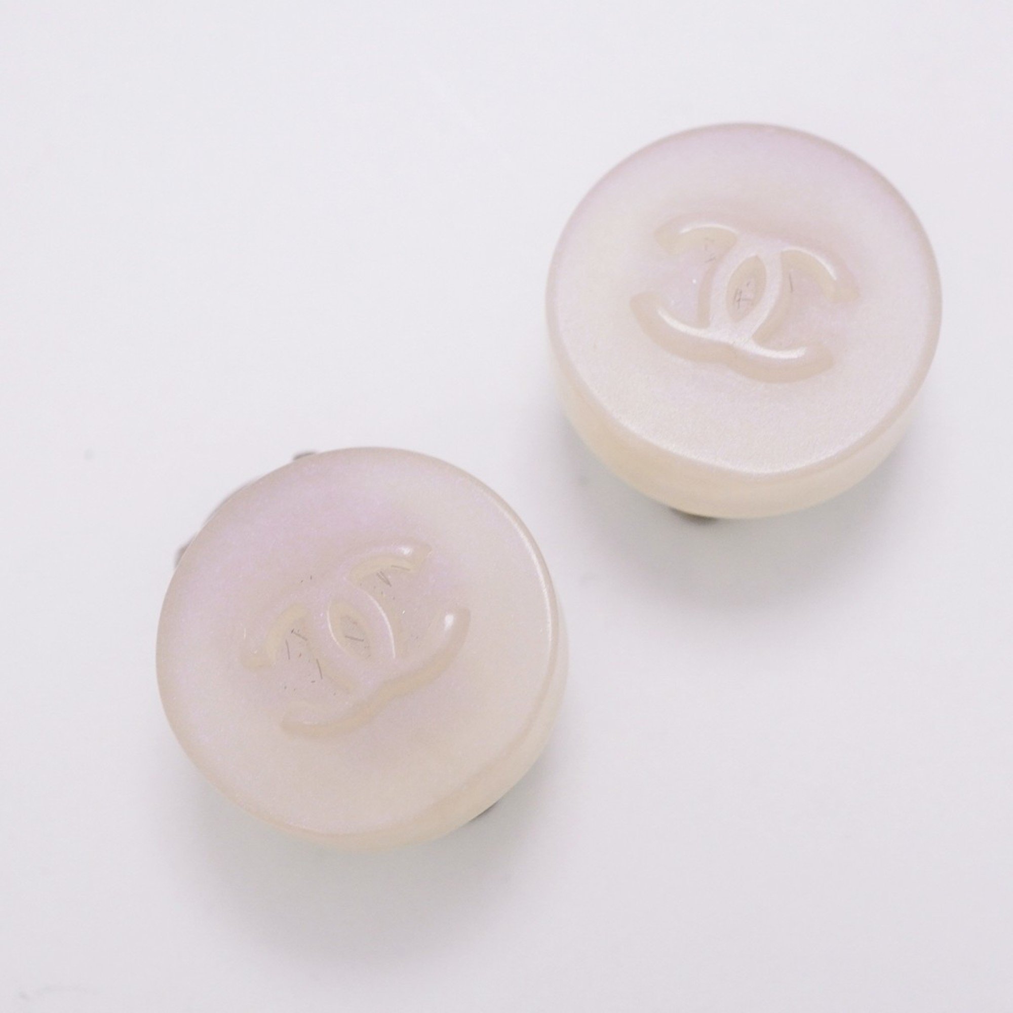 Chanel Earrings Coco Mark Circle Plastic Metal Silver White Ladies