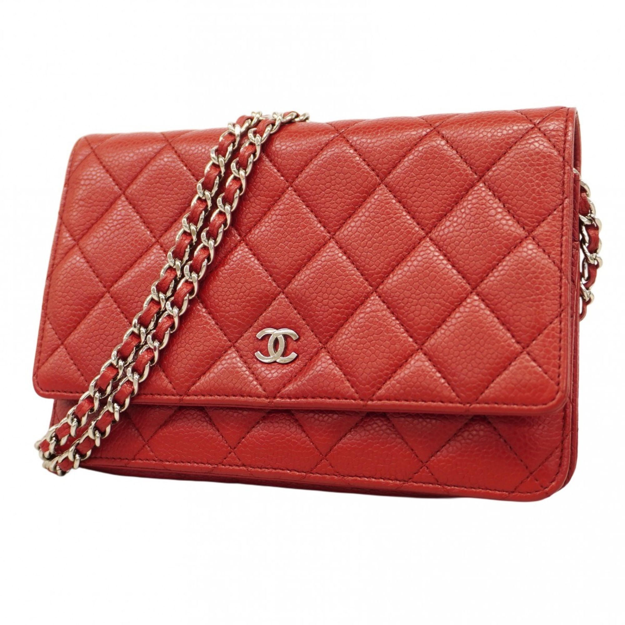 Chanel Shoulder Wallet Matelasse Caviar Skin Red Women's