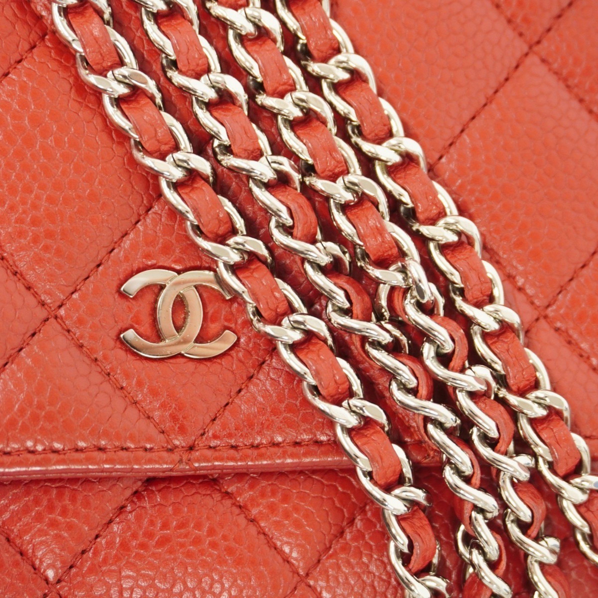 Chanel Shoulder Wallet Matelasse Caviar Skin Red Women's