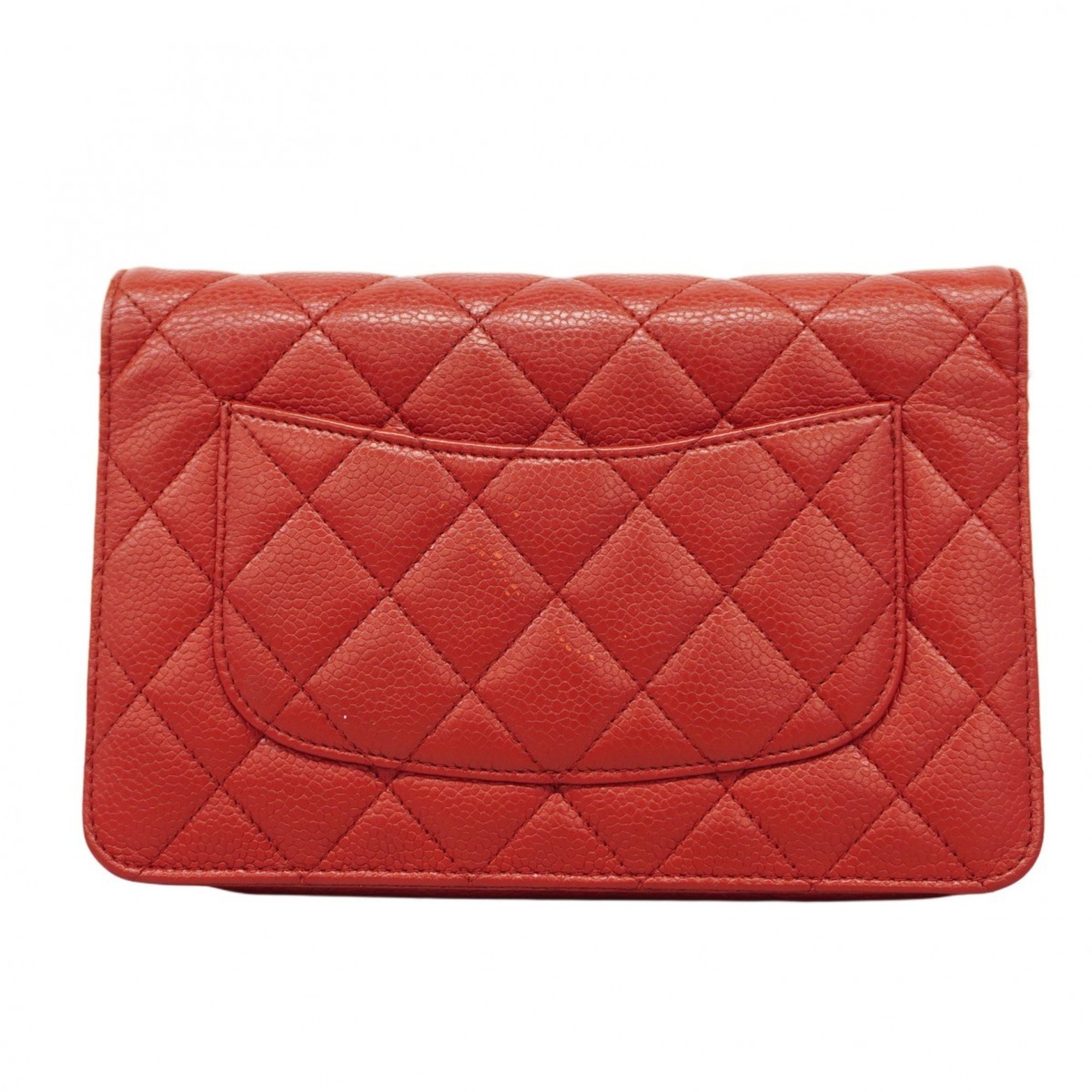 Chanel Shoulder Wallet Matelasse Caviar Skin Red Women's