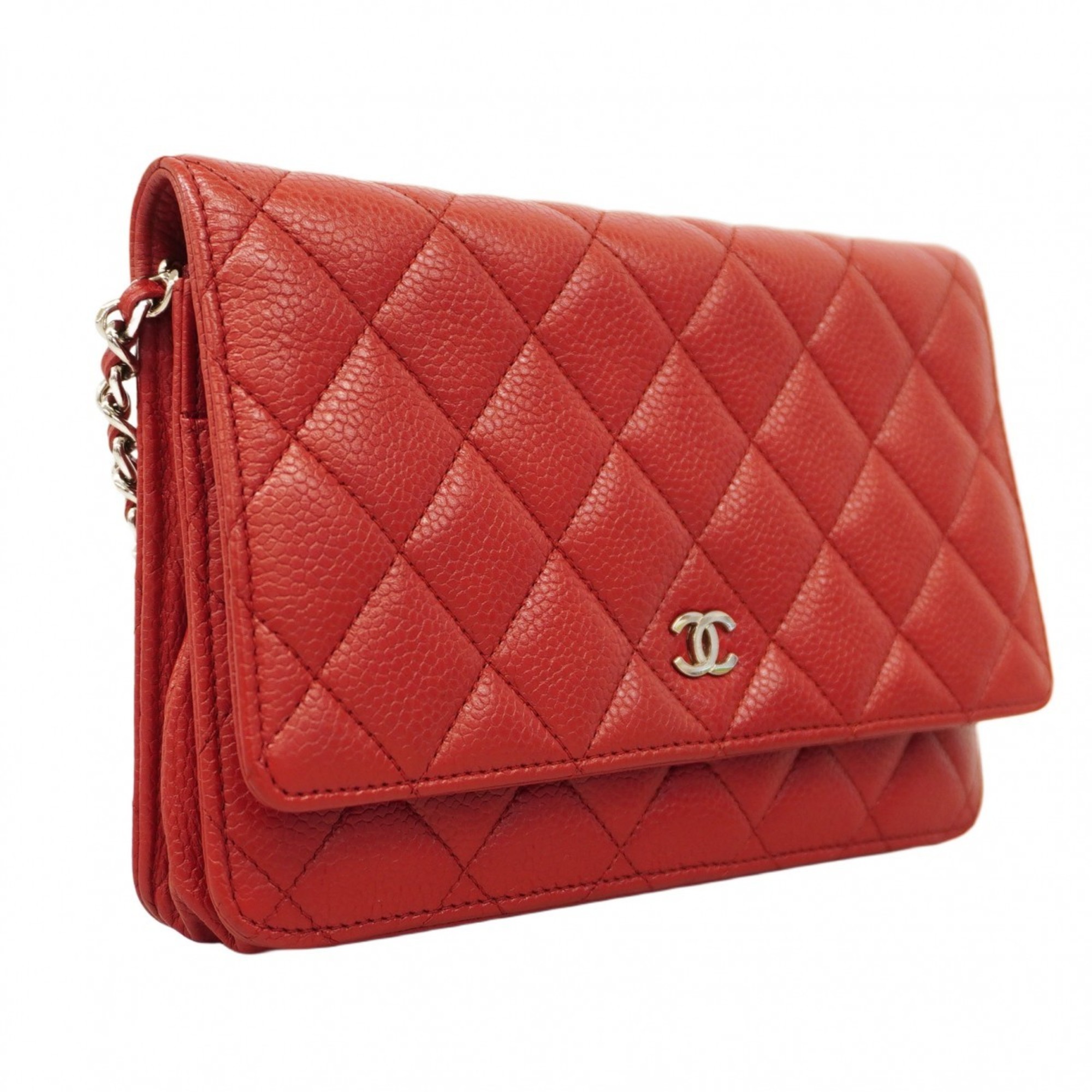 Chanel Shoulder Wallet Matelasse Caviar Skin Red Women's