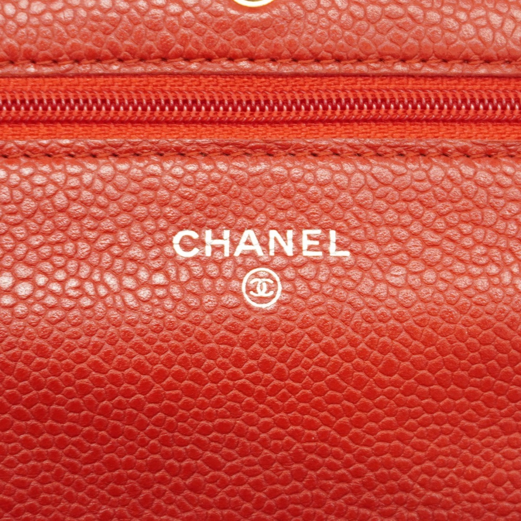 Chanel Shoulder Wallet Matelasse Caviar Skin Red Women's