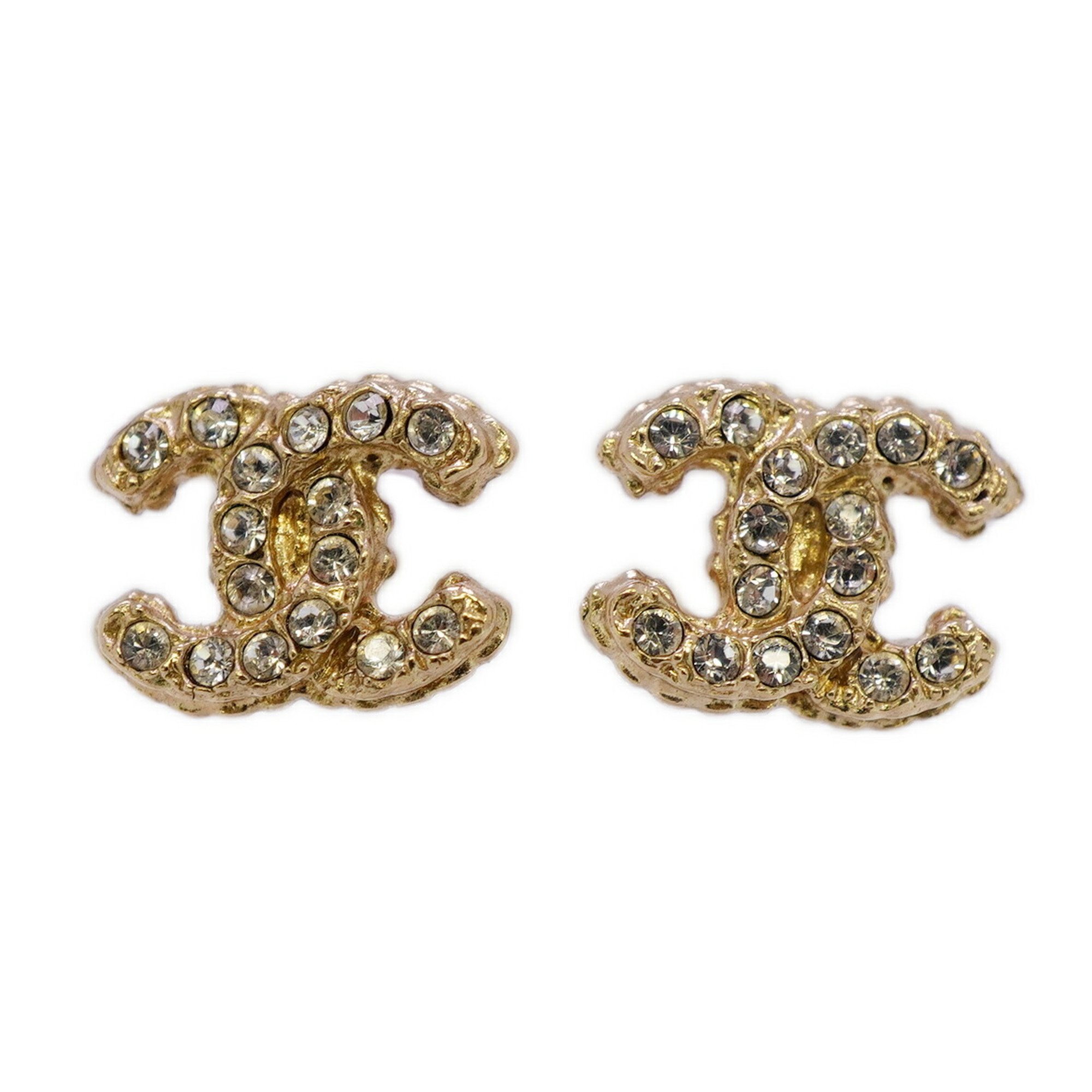 Chanel earrings with Coco mark and rhinestones, GP plating, champagne gold, for women