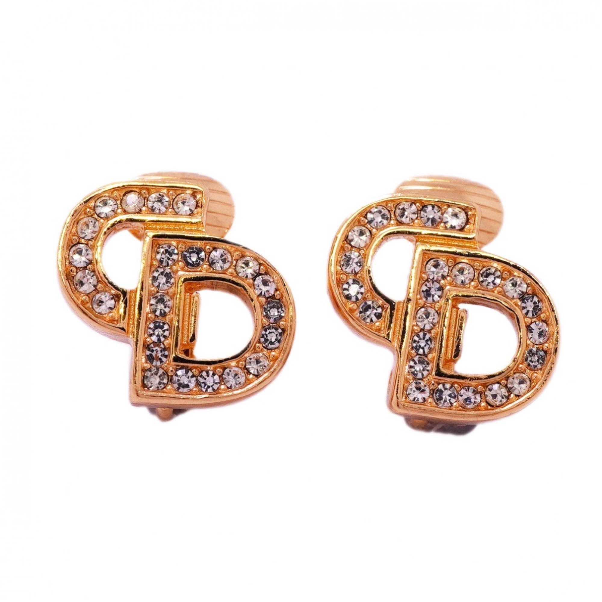 Christian Dior Earrings CD Rhinestone GP Plated Gold Ladies