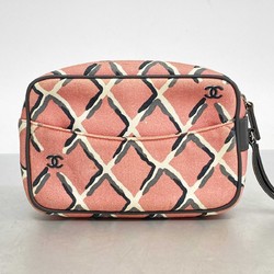 Chanel Pouch Coco Beach Canvas Pink Grey Women's