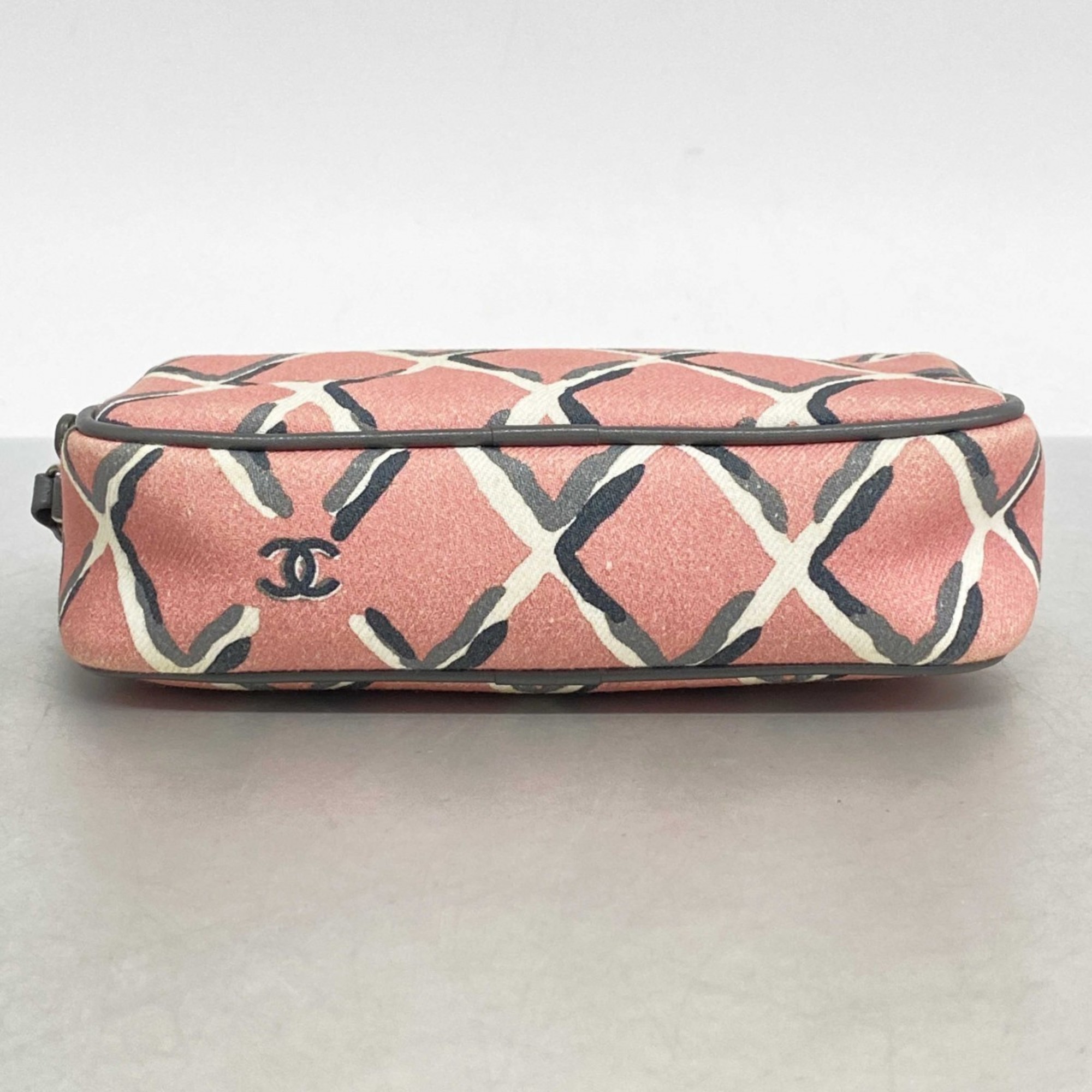 Chanel Pouch Coco Beach Canvas Pink Grey Women's