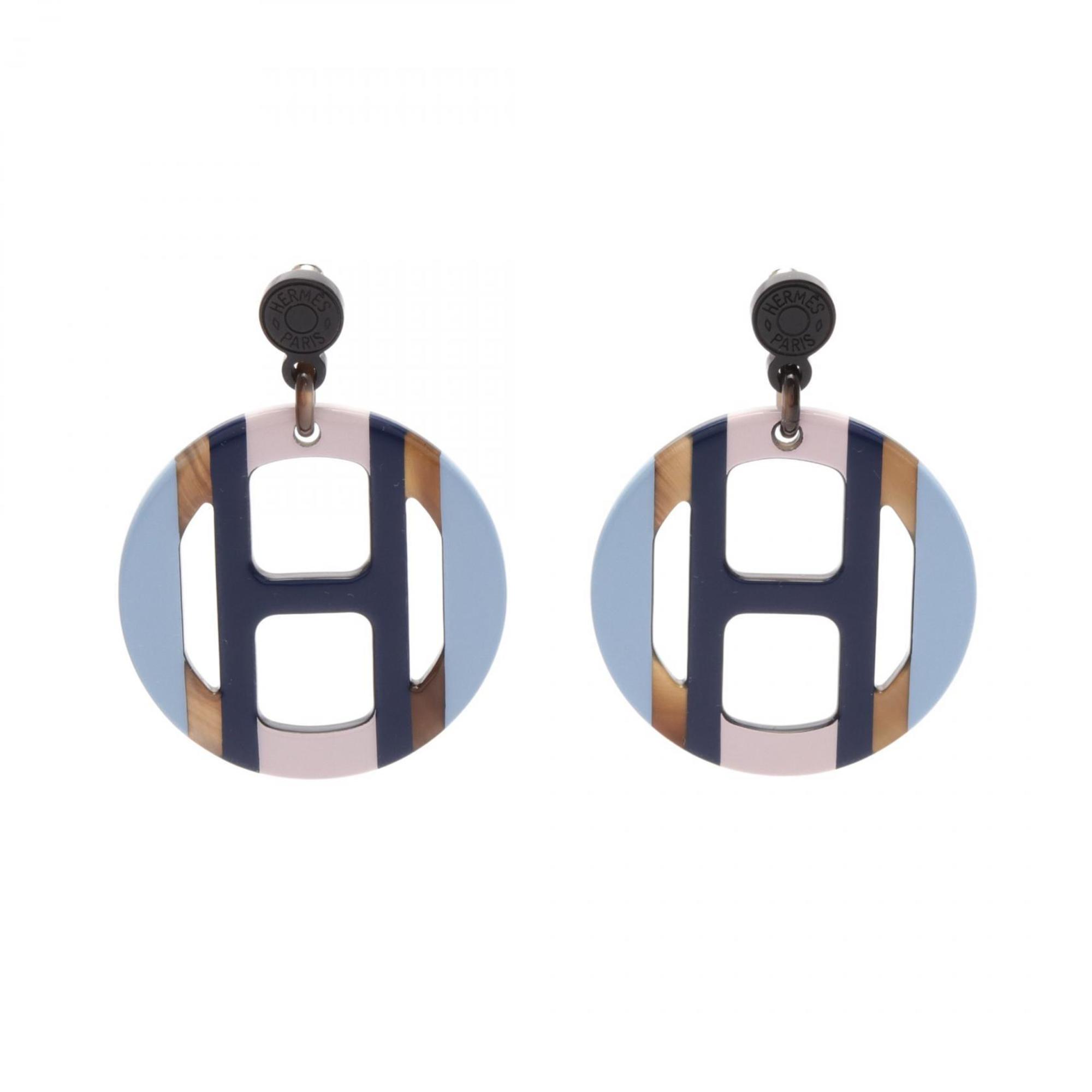 Hermes HERMES H Equipe Earrings Buffalo Horn Women's Blue Multicolor