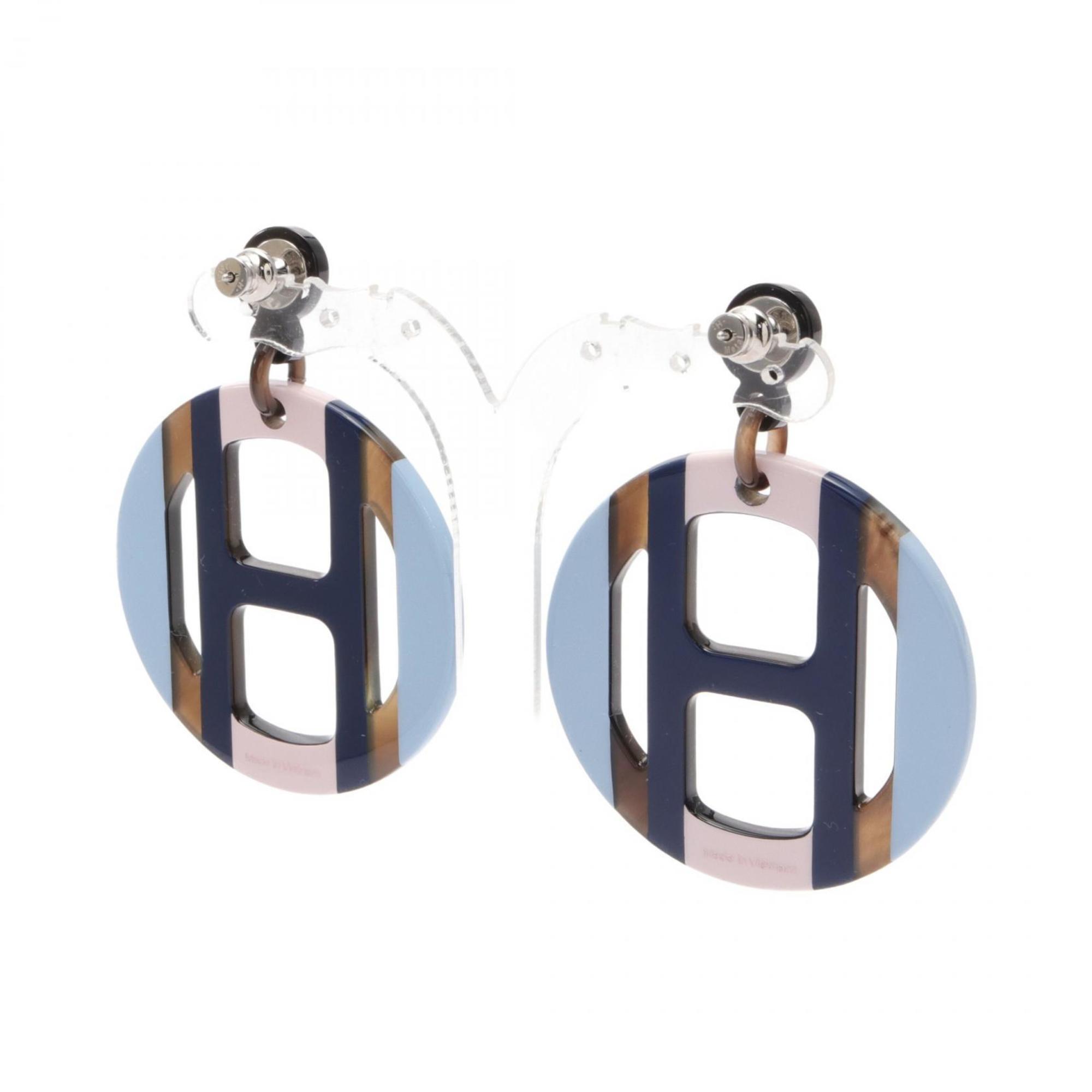 Hermes HERMES H Equipe Earrings Buffalo Horn Women's Blue Multicolor