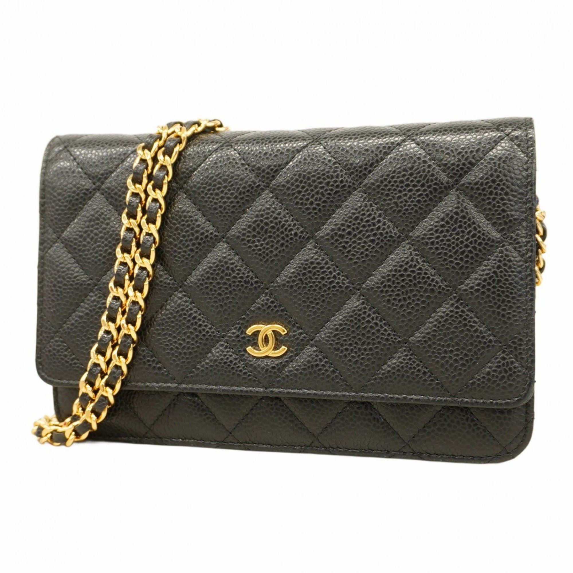 Chanel Shoulder Wallet Matelasse Caviar Skin Black Women's