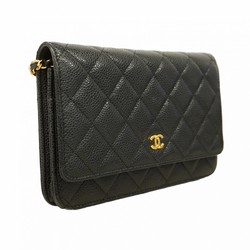 Chanel Shoulder Wallet Matelasse Caviar Skin Black Women's