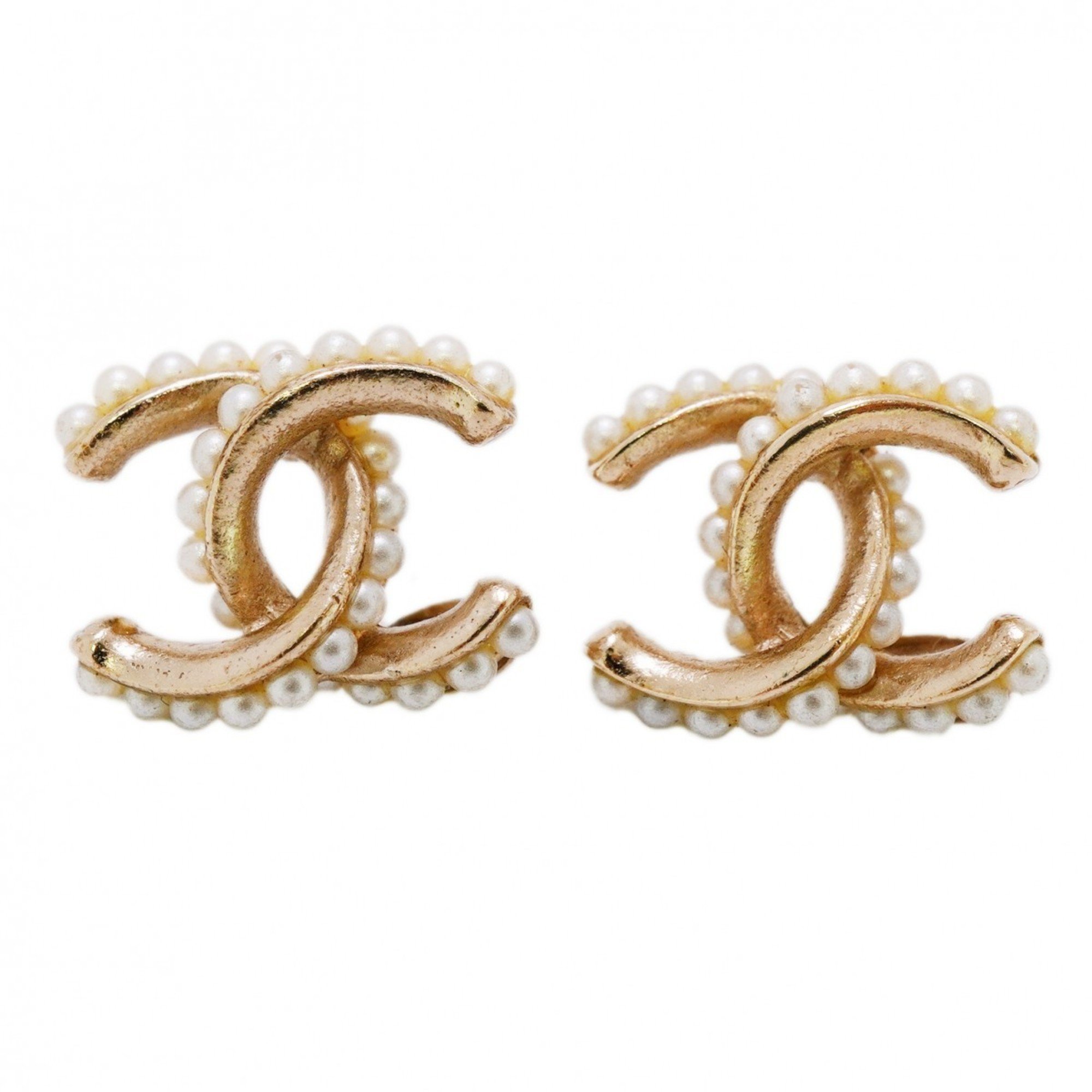 Chanel Earrings Coco Mark Fake Pearl GP Plated Champagne Gold for Women