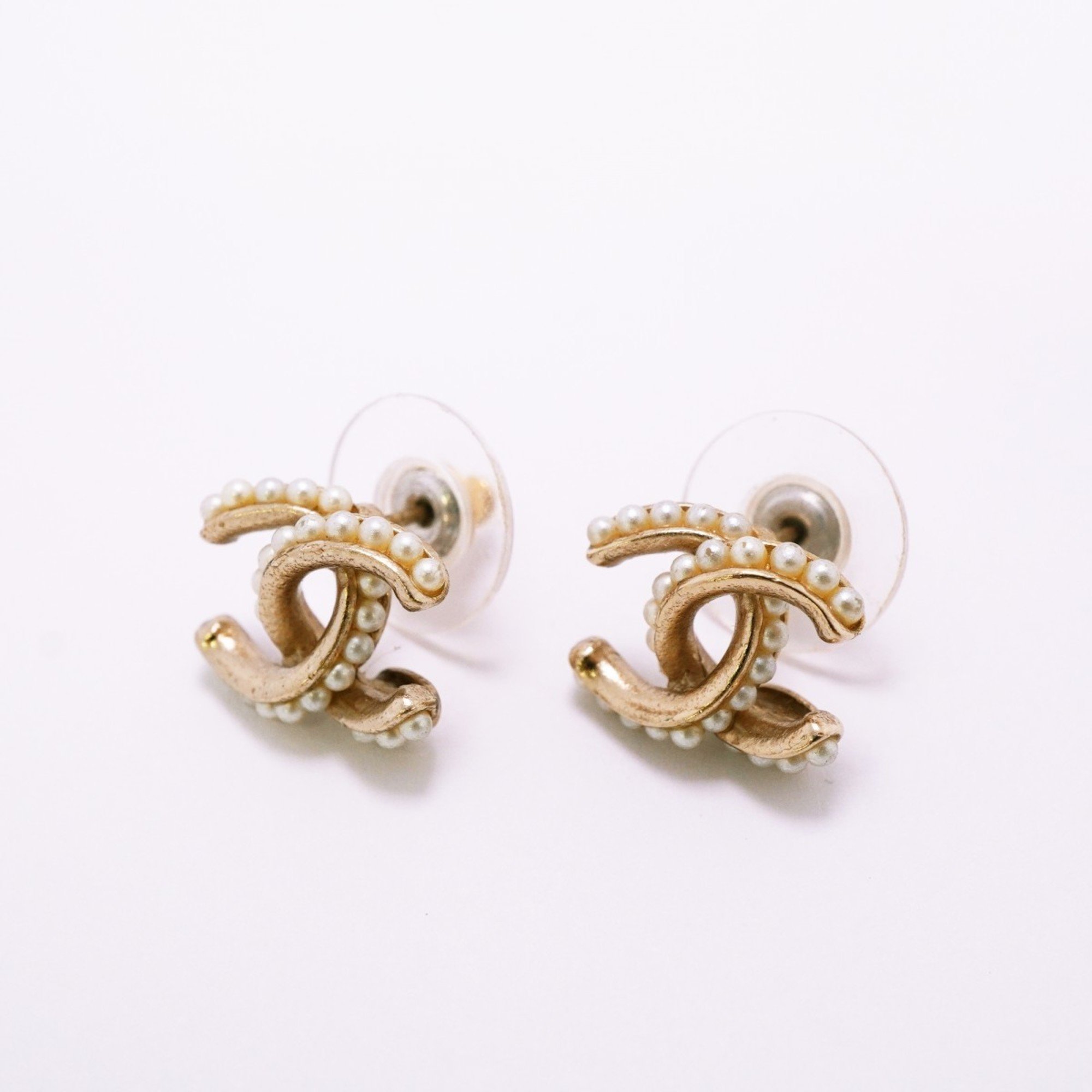 Chanel Earrings Coco Mark Fake Pearl GP Plated Champagne Gold for Women