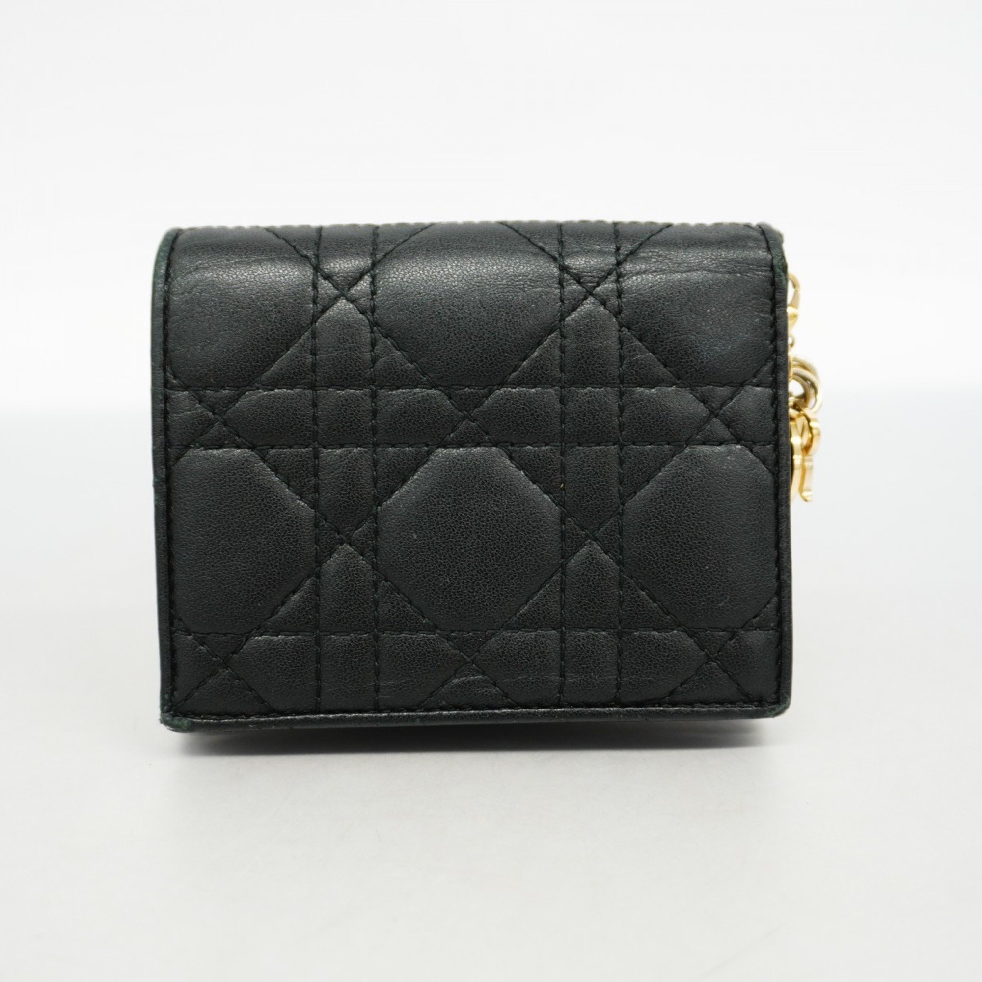 Christian Dior Wallet Cannage Leather Black Champagne Ladies