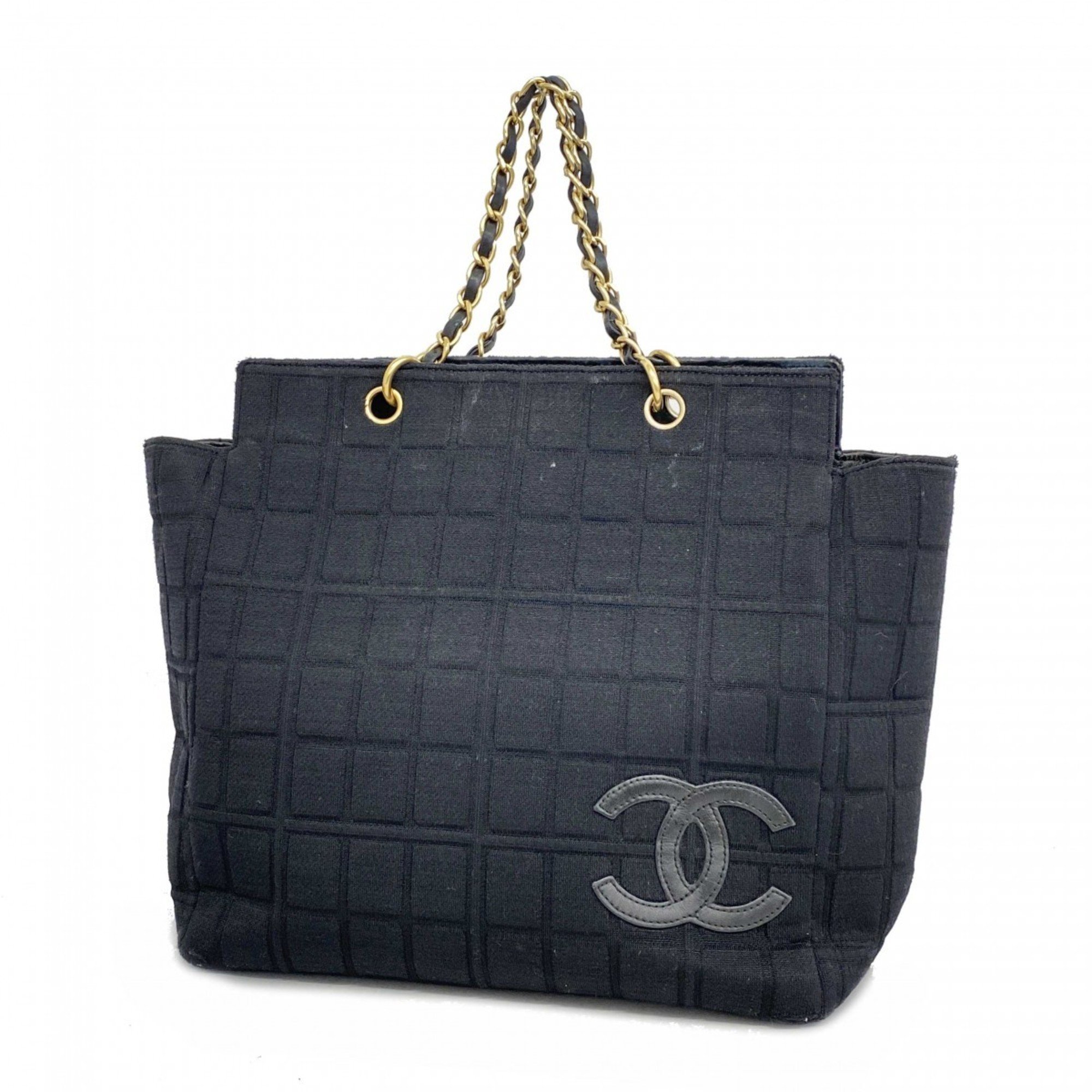 Chanel Tote Bag Chocolate Bar Leather Cotton Black Chain Ladies