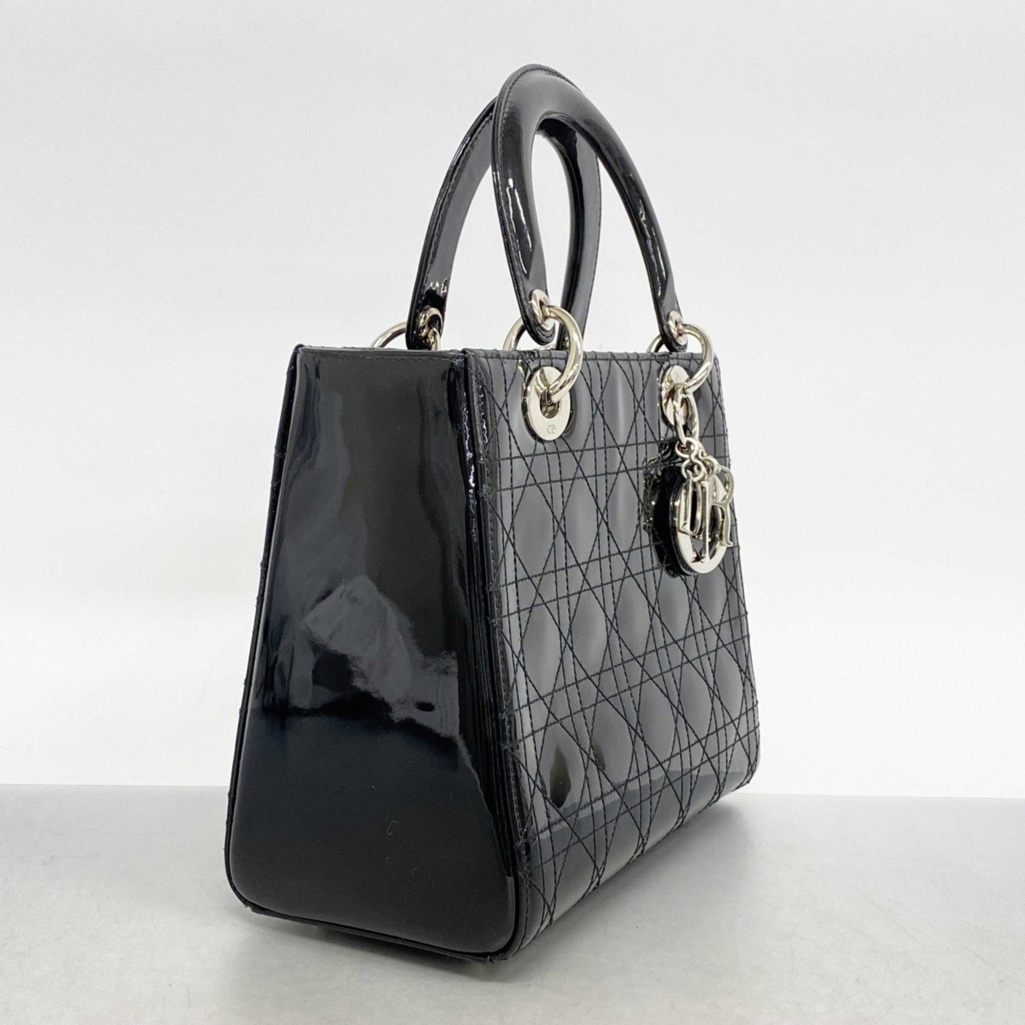 Christian Dior Handbag Cannage Lady Enamel Black Women's