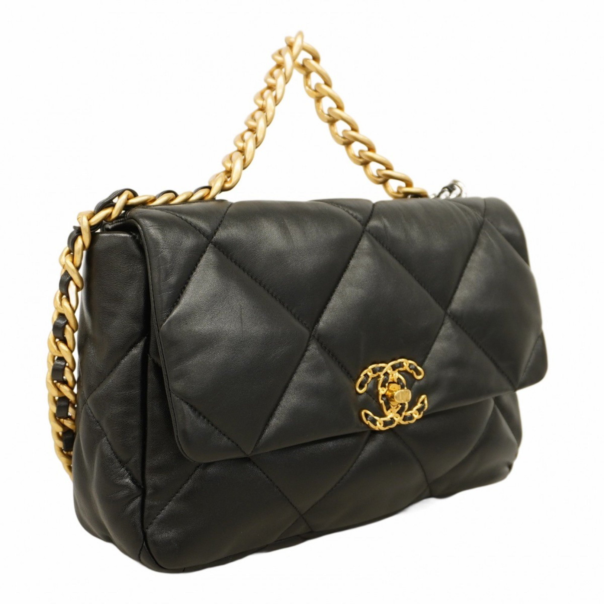 Chanel Handbag 19 Lambskin Black Gold Women's