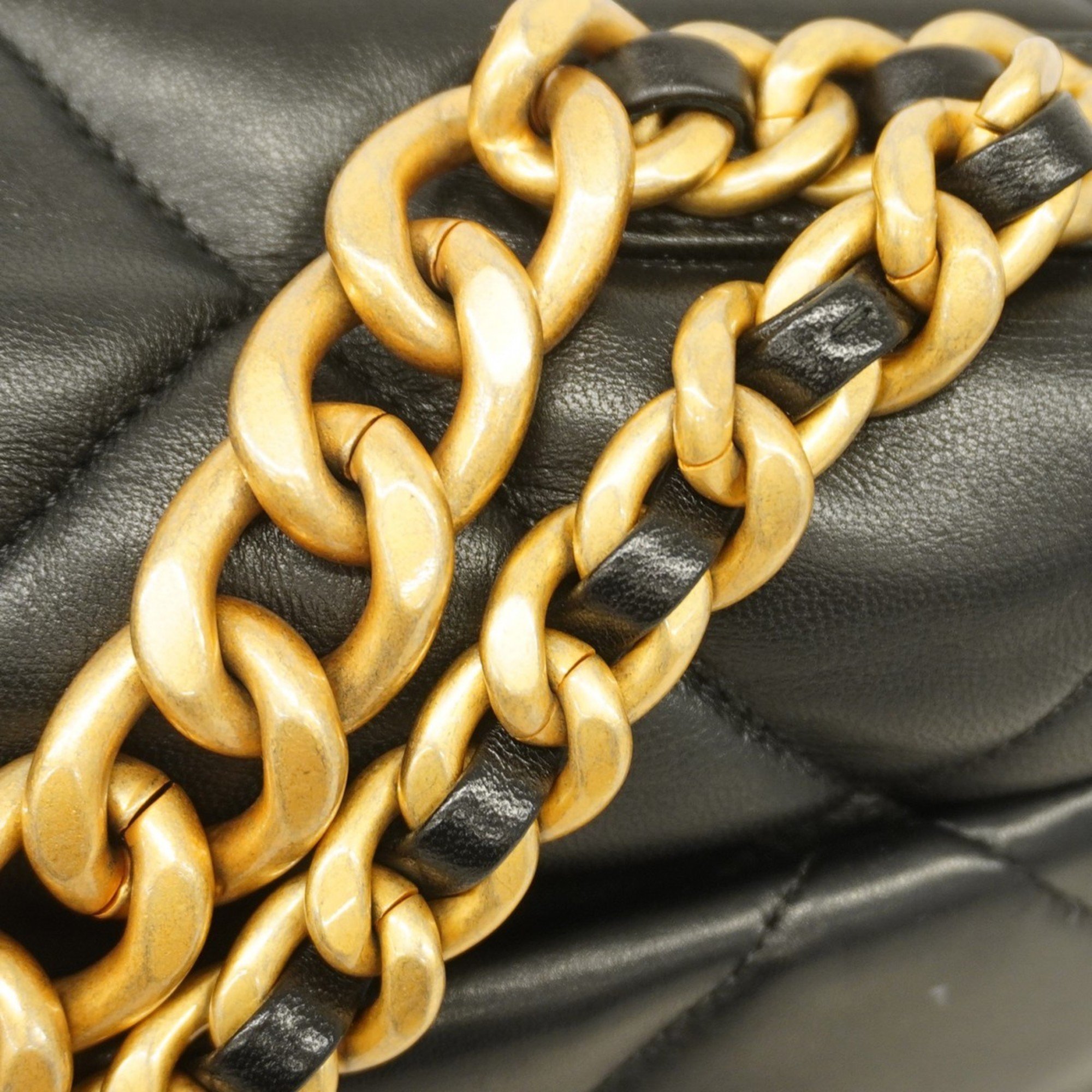 Chanel Handbag 19 Lambskin Black Gold Women's