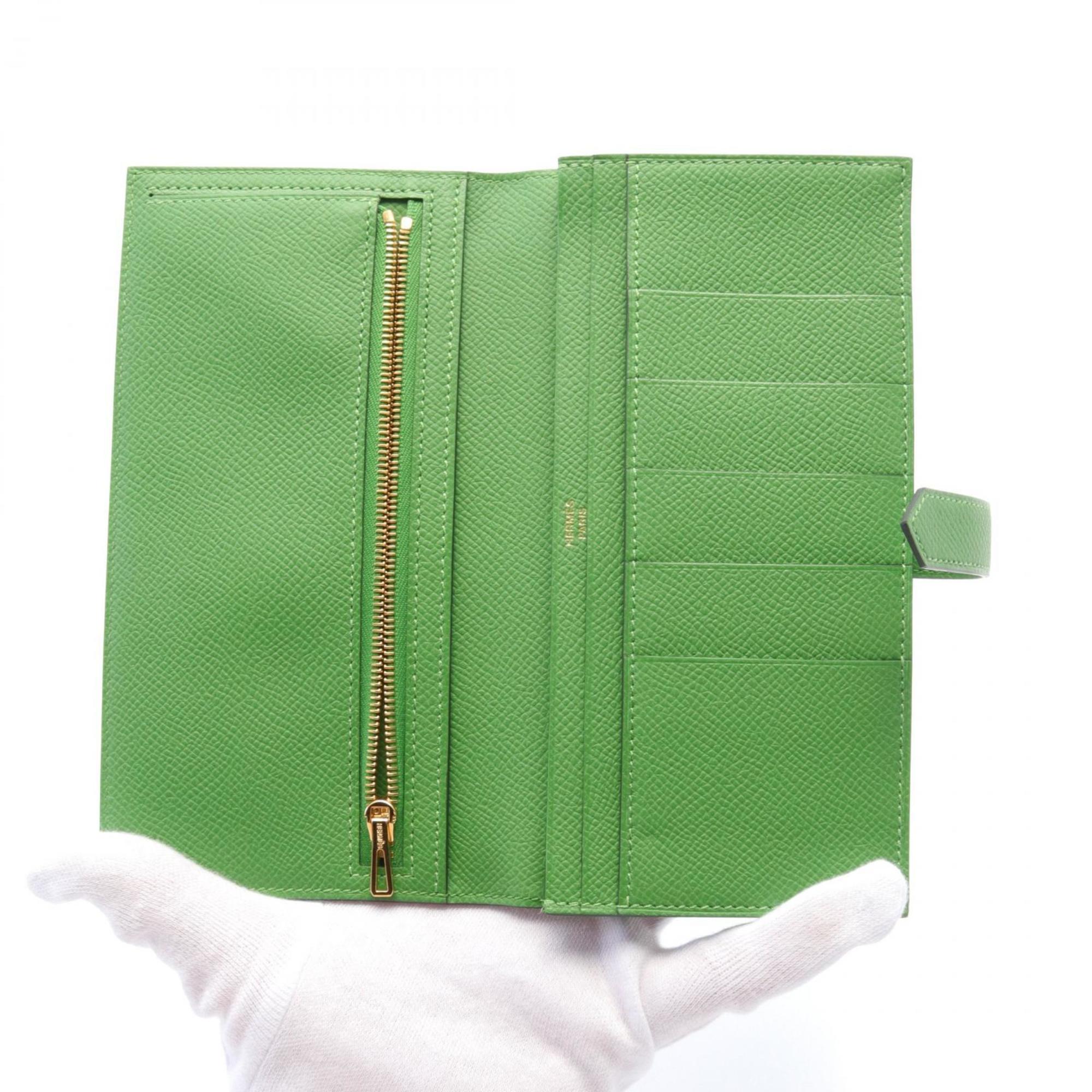 Hermes HERMES Bearn Soufflet Bi-fold Long Wallet Epsom Leather Women's Green