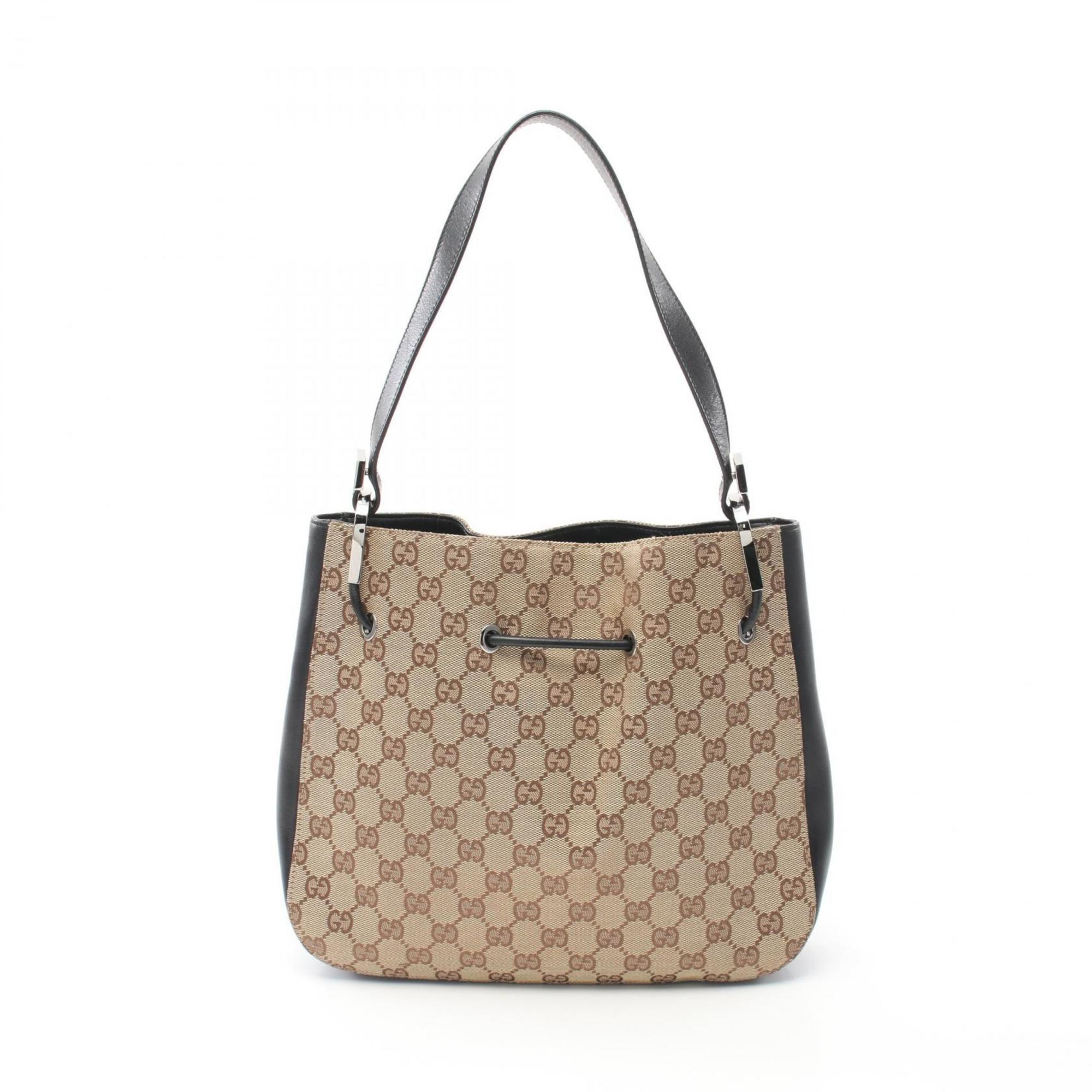 Gucci GG Canvas Shoulder Bag Leather Women's Beige Black 001-3748