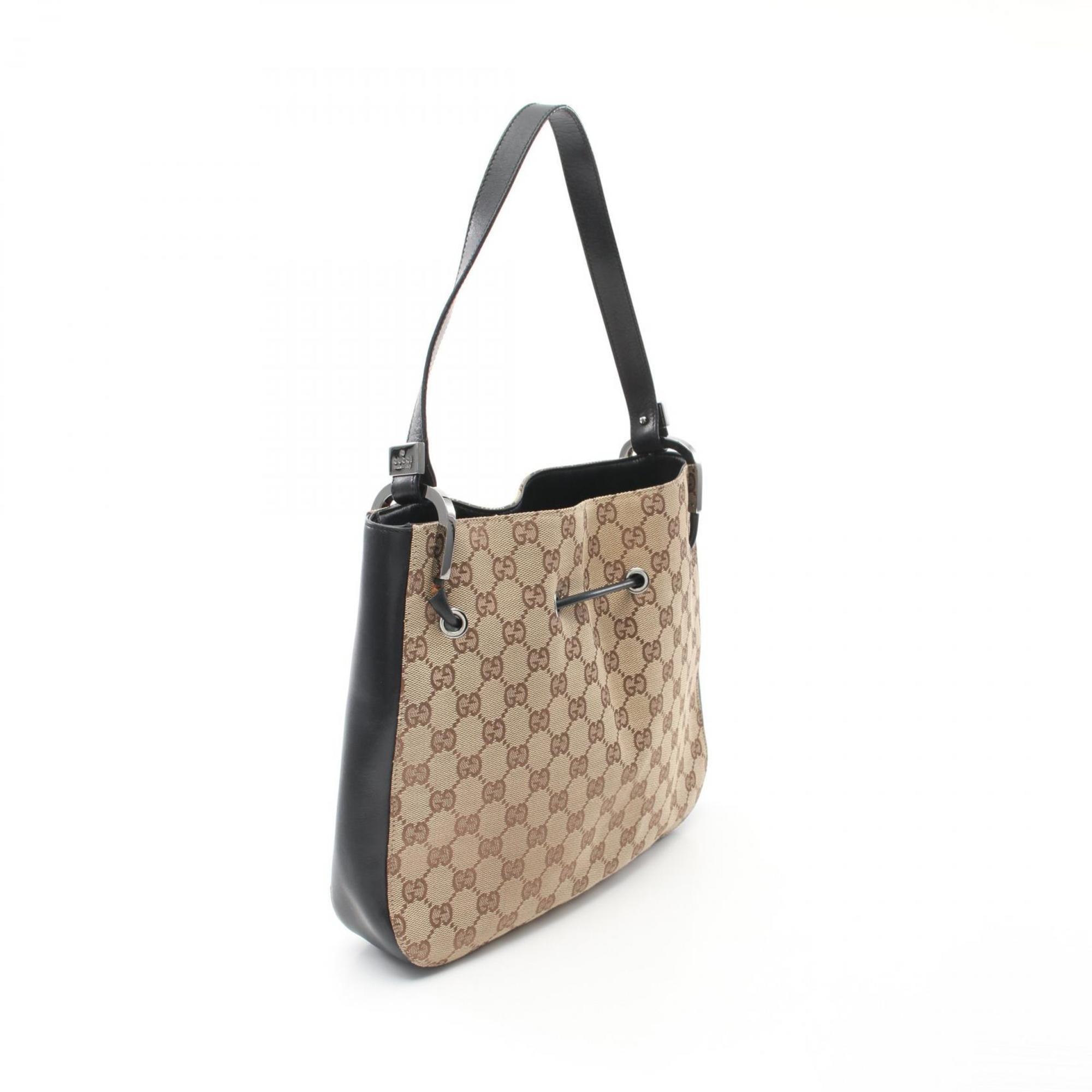 Gucci GG Canvas Shoulder Bag Leather Women's Beige Black 001-3748