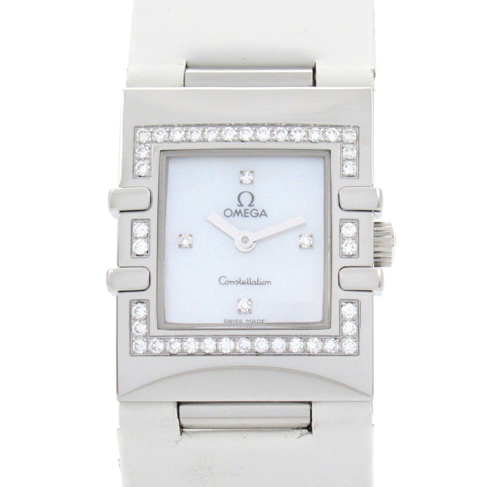 OMEGA Constellation Quadra Diamond Bezel Watch Stainless Steel Leather Strap Ladies White Shell 1835.76.56