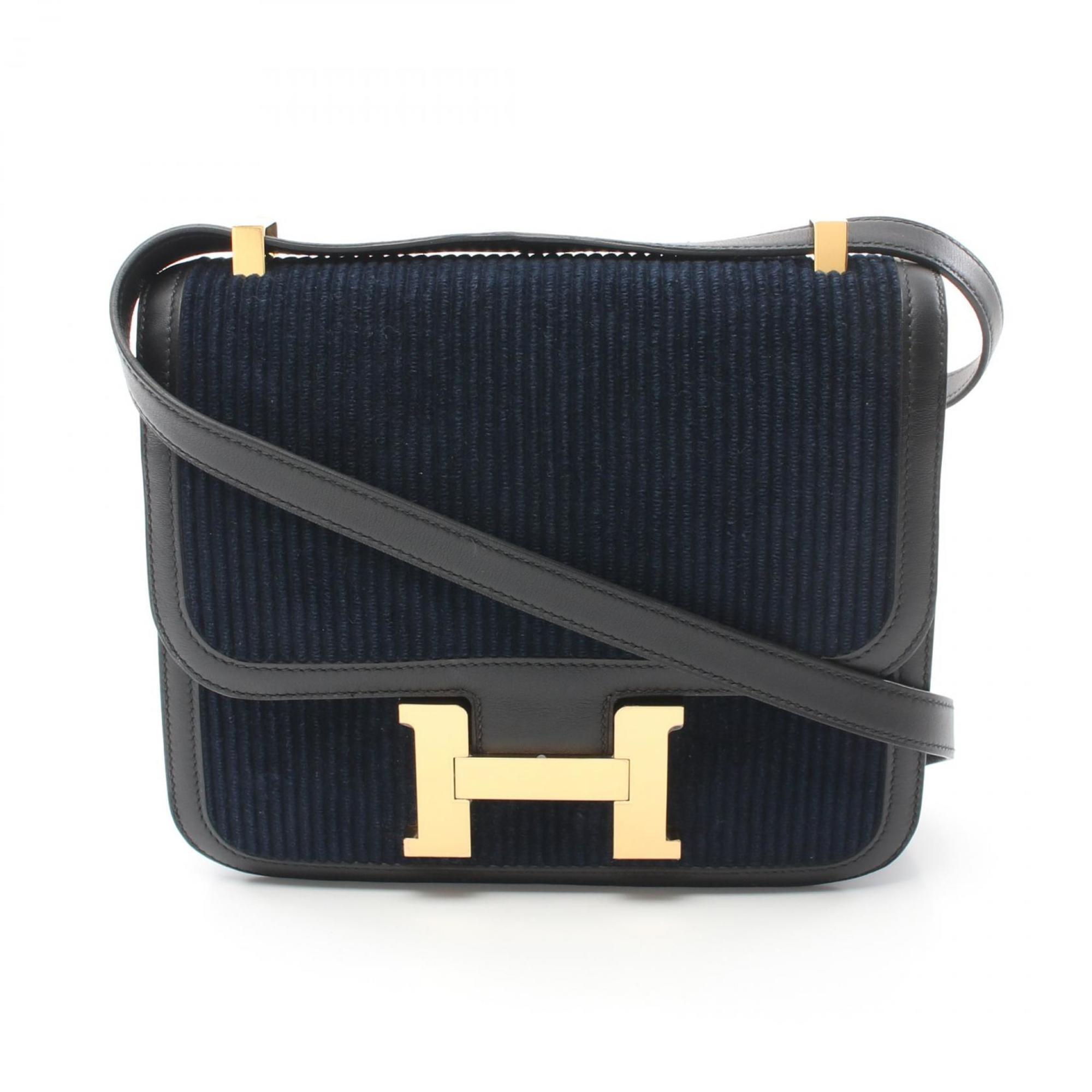 Hermes HERMES Constance 3 24 Shoulder Bag Corduroy Swift Leather Women's Navy Black