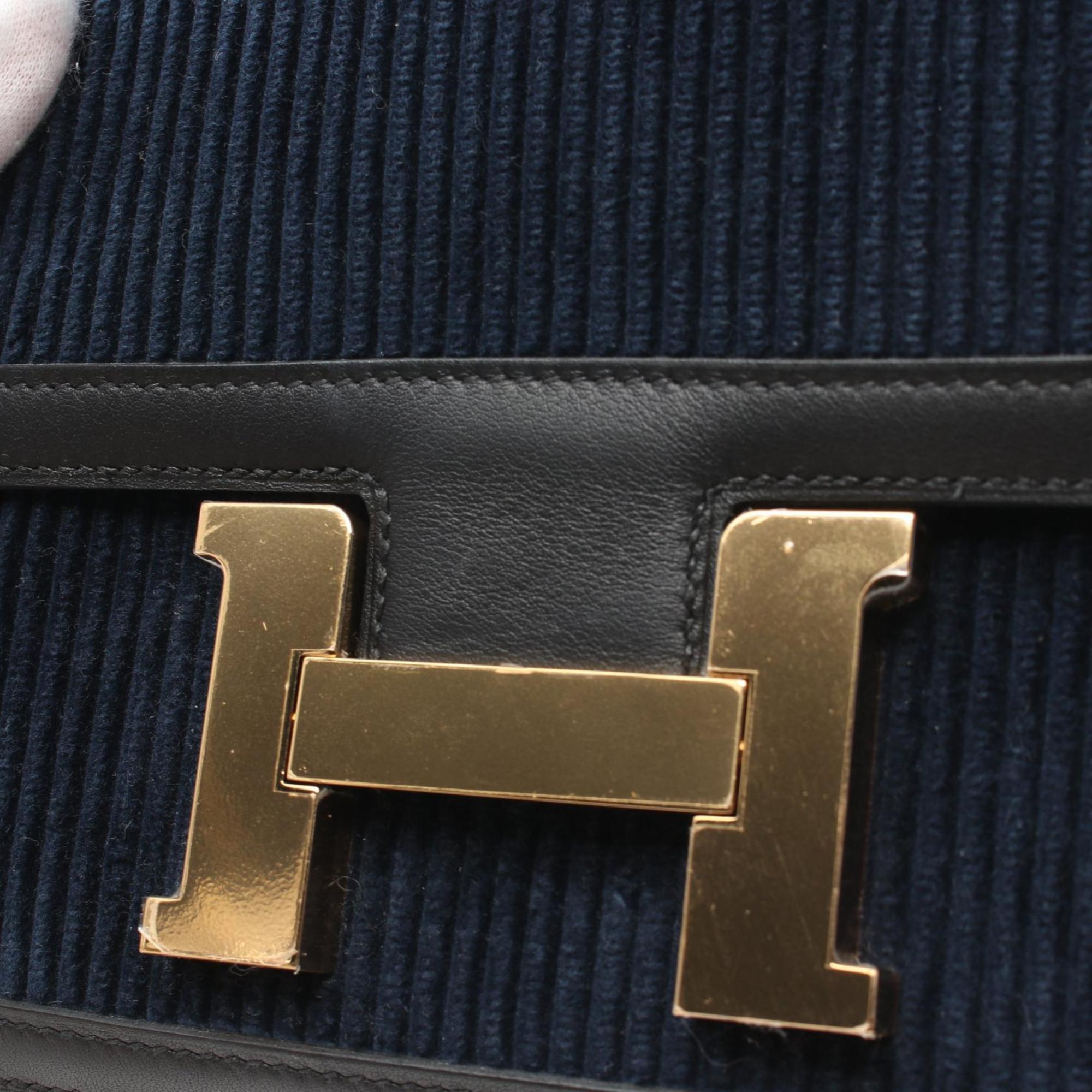 Hermes HERMES Constance 3 24 Shoulder Bag Corduroy Swift Leather Women's Navy Black