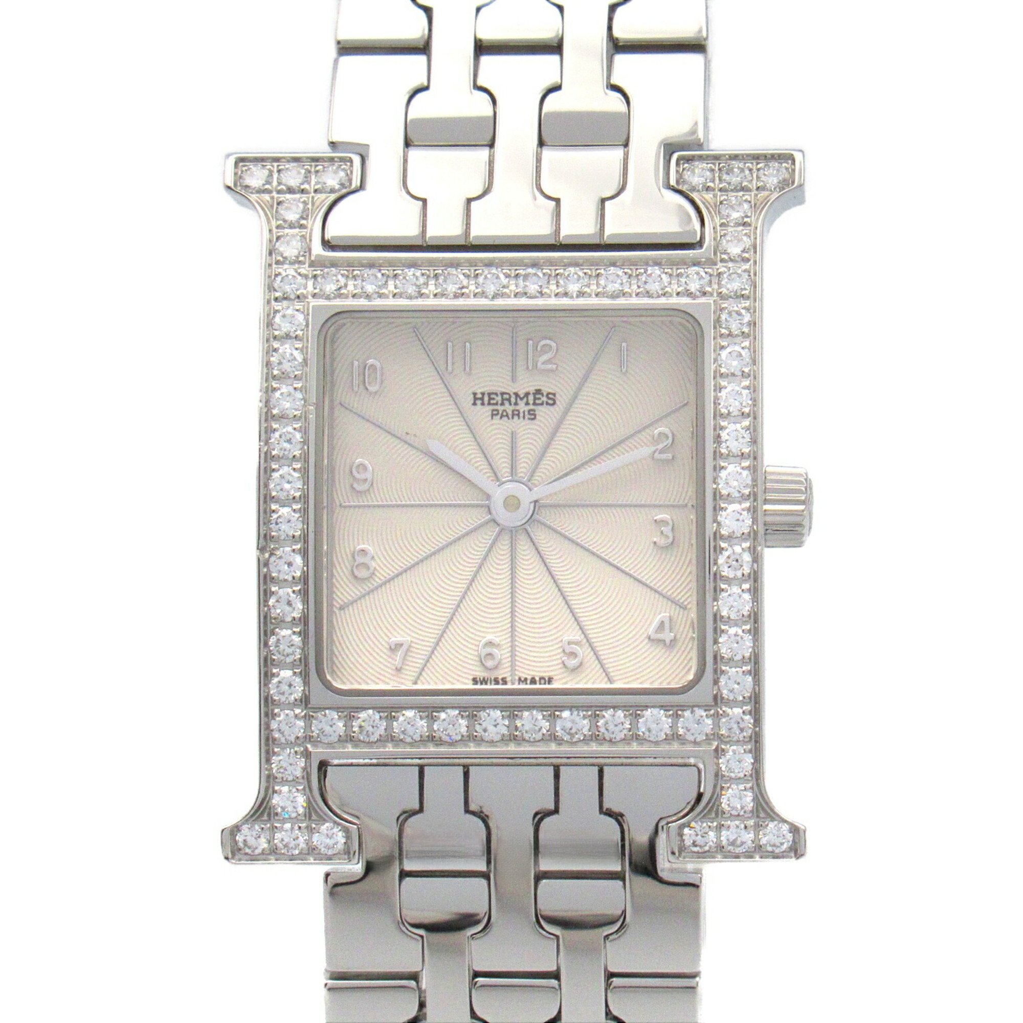 Hermes HERMES H Watch Diamond Bezel Wristwatch Stainless Steel Ladies Ivory HH1.230