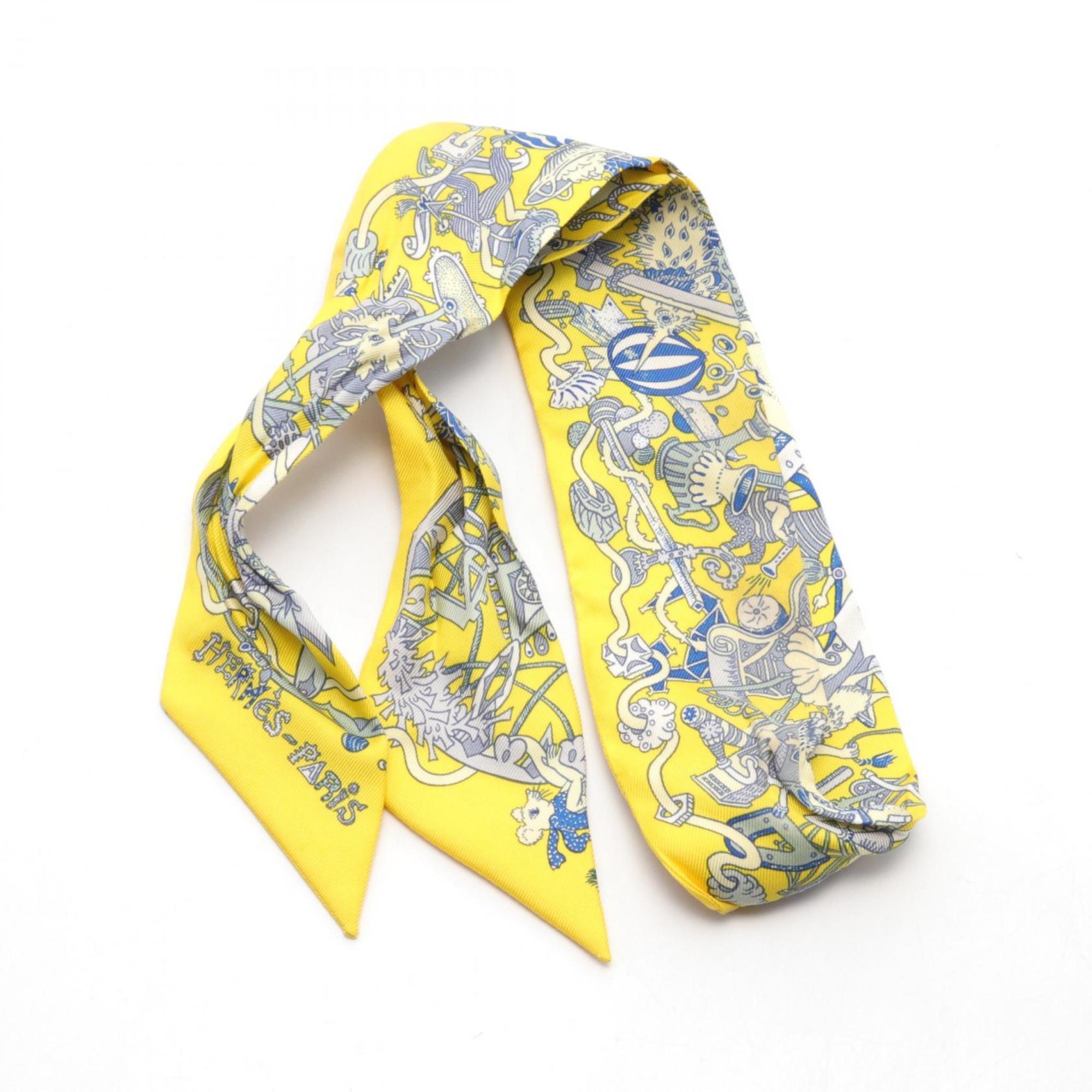 Hermes LA FOLLE PARADE Twilly Silk Scarf for Women Yellow Blue Multicolor