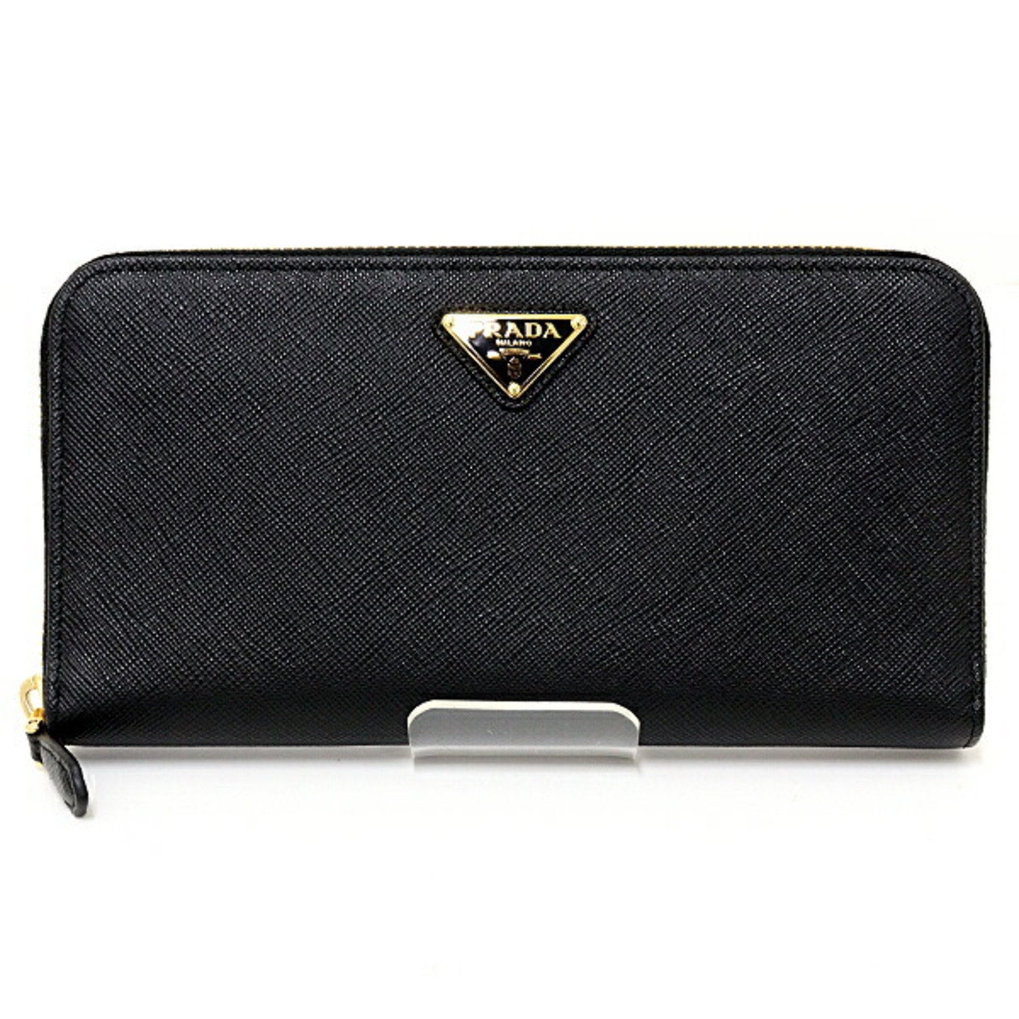 PRADA Saffiano Triangle Zip Around Long Wallet in Calf Leather 1ML506_QHH_F0002 Black