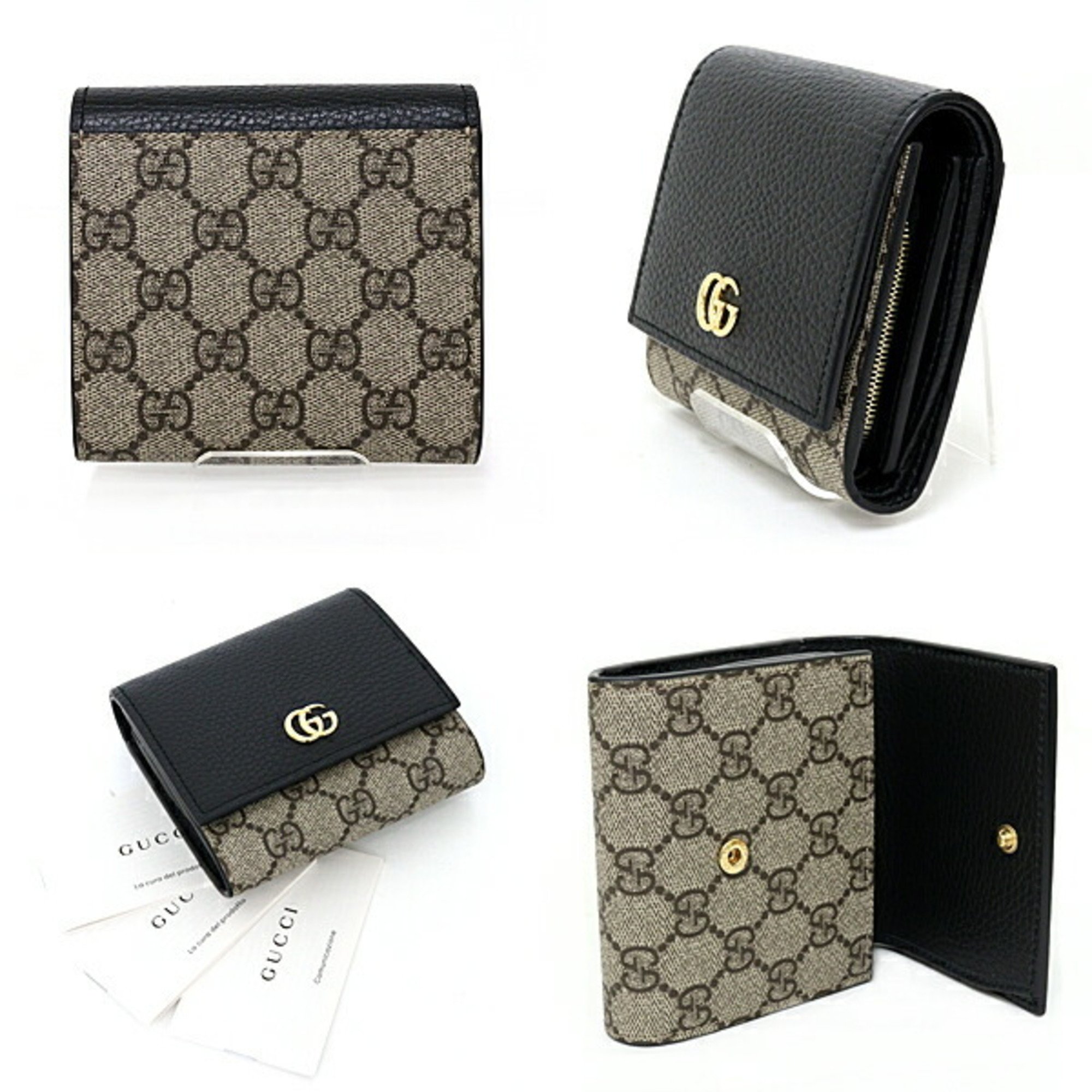 GUCCI Double G Bicolor Medium Wallet GG Supreme Canvas Black Leather 598587 Beige & Ebony