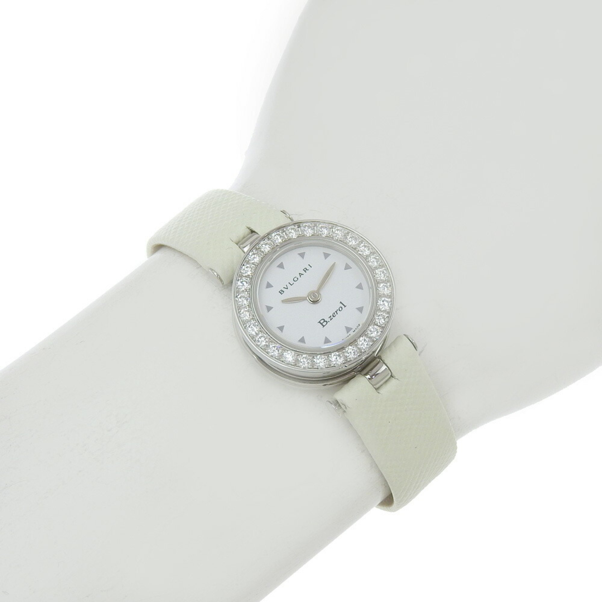 BVLGARI B.Zero1 BZ22S White Dial Bezel Diamond SS Leather Quartz 22mm Women's Watch